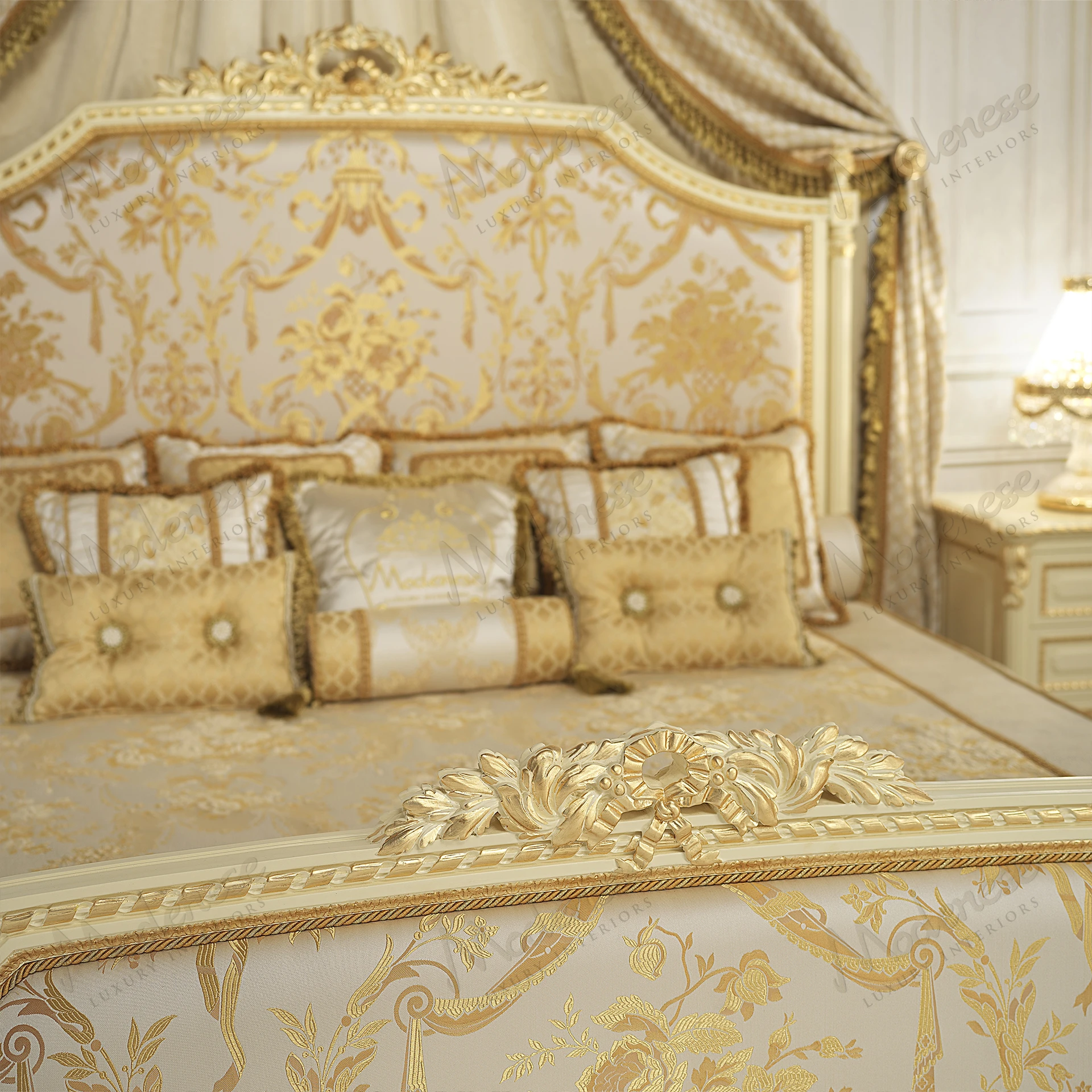 Elegant bed with wooden frame, ivory lacquer finish, and gold leaf accents. Upholstered headboard and sleek design offer a luxurious appearance