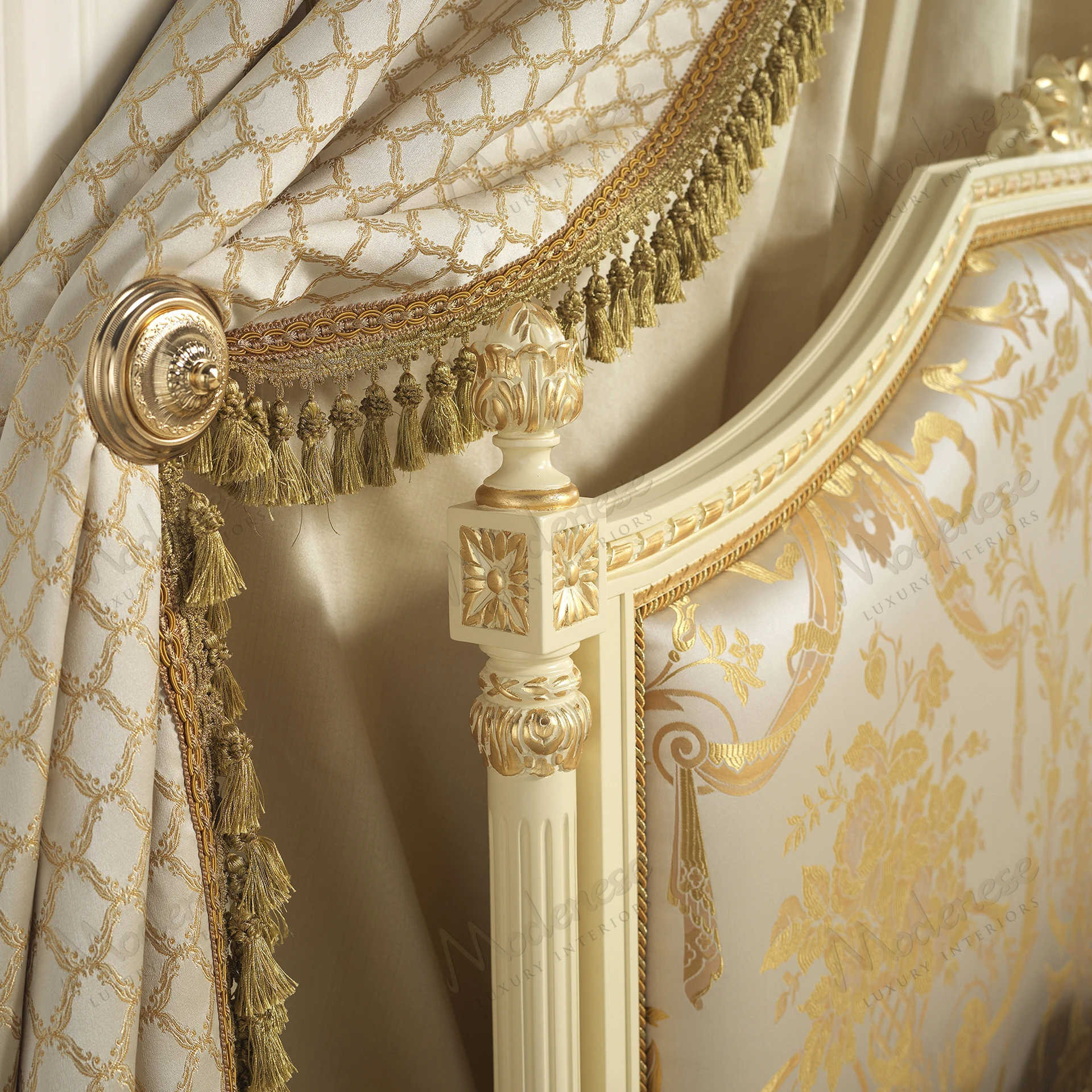 Golden Radiance Bed with ivory lacquered finish, gold leaf accents, cream and gold damask fabric, offering a luxurious and elegant appearance