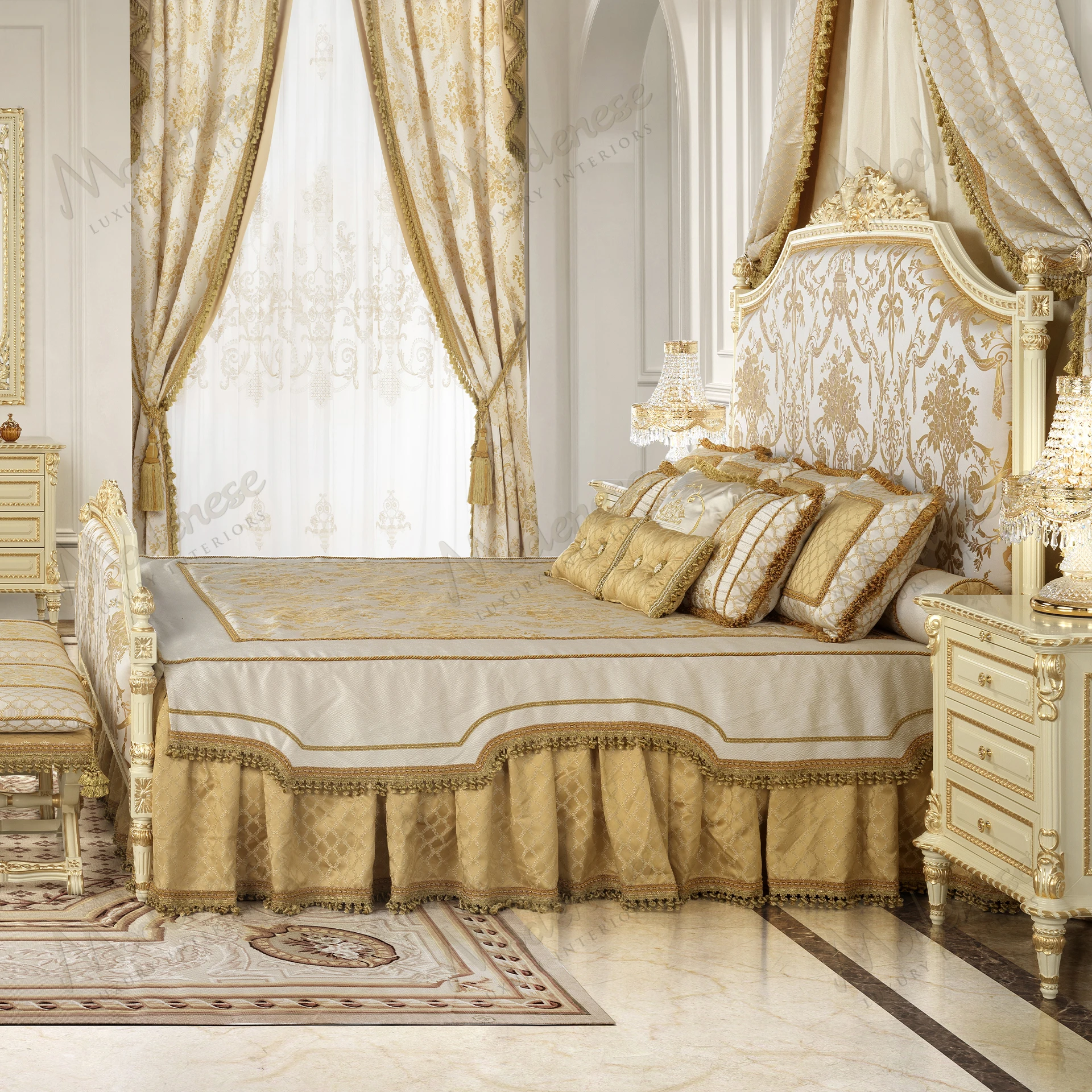 Golden Radiance bed with wooden frame, cream and gold damask fabric. Contemporary design, elegant and luxurious appearance