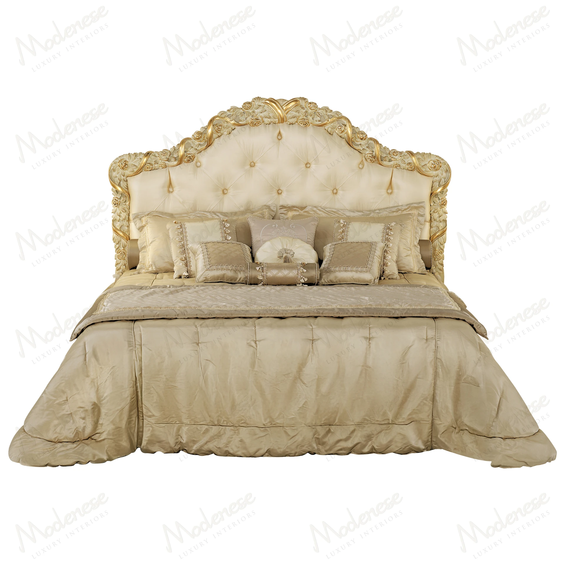 Elegant Golden Ribbon Bed with classic walnut finish and gold leaf details, showcasing a timeless design and luxurious craftsmanship
