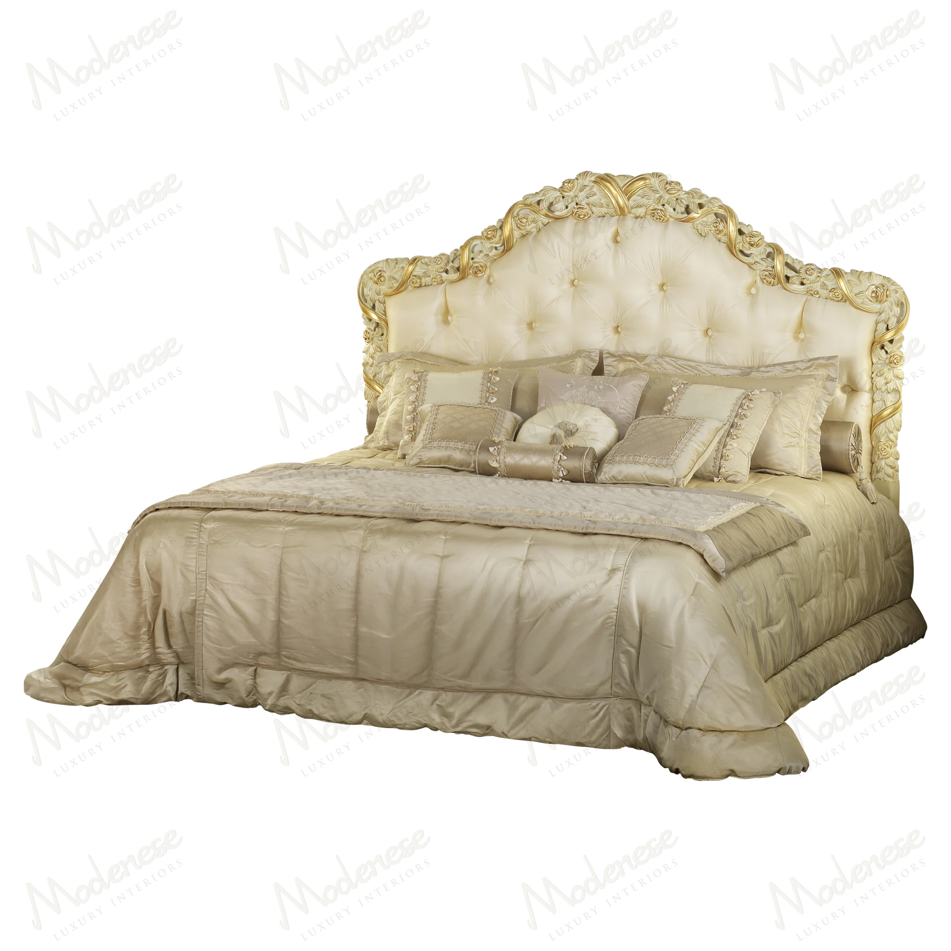 White satin upholstered Golden Ribbon Bed with matching capitonné buttons, showcasing a luxurious and cozy texture