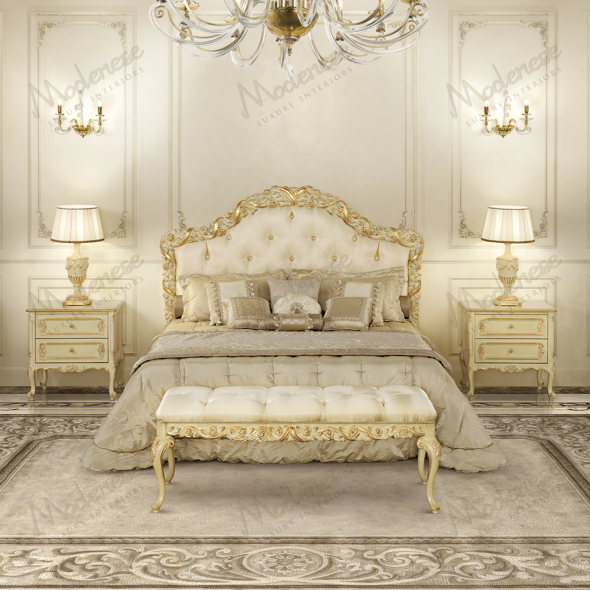 Luxurious Golden Ribbon Bed with walnut finish, gold leaf details, and white satin upholstery with capitonné buttons; elegant and classic design