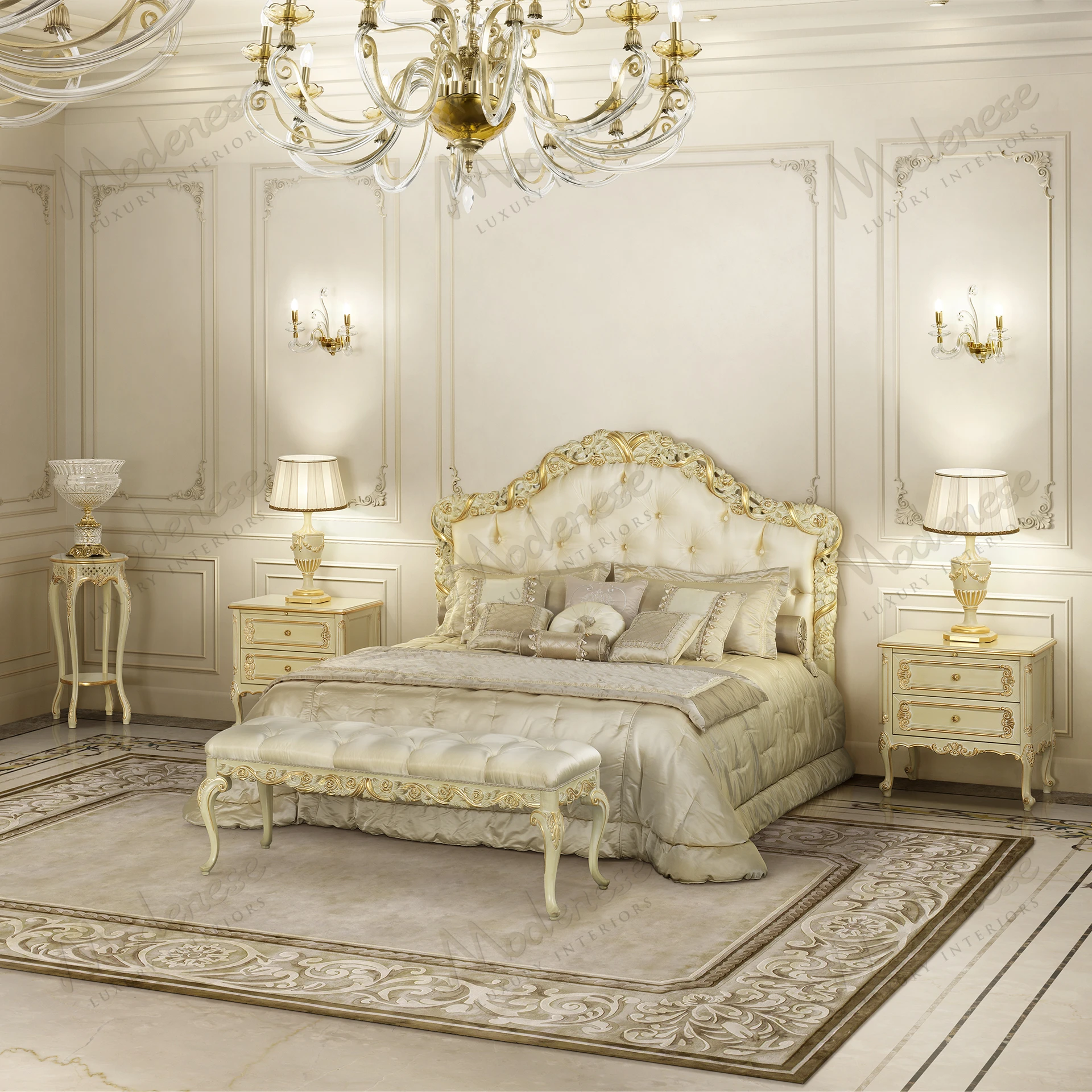 A wooden bed with a classic walnut finish, gold leaf accents, and fabric details, showcasing a sleek and elegant design