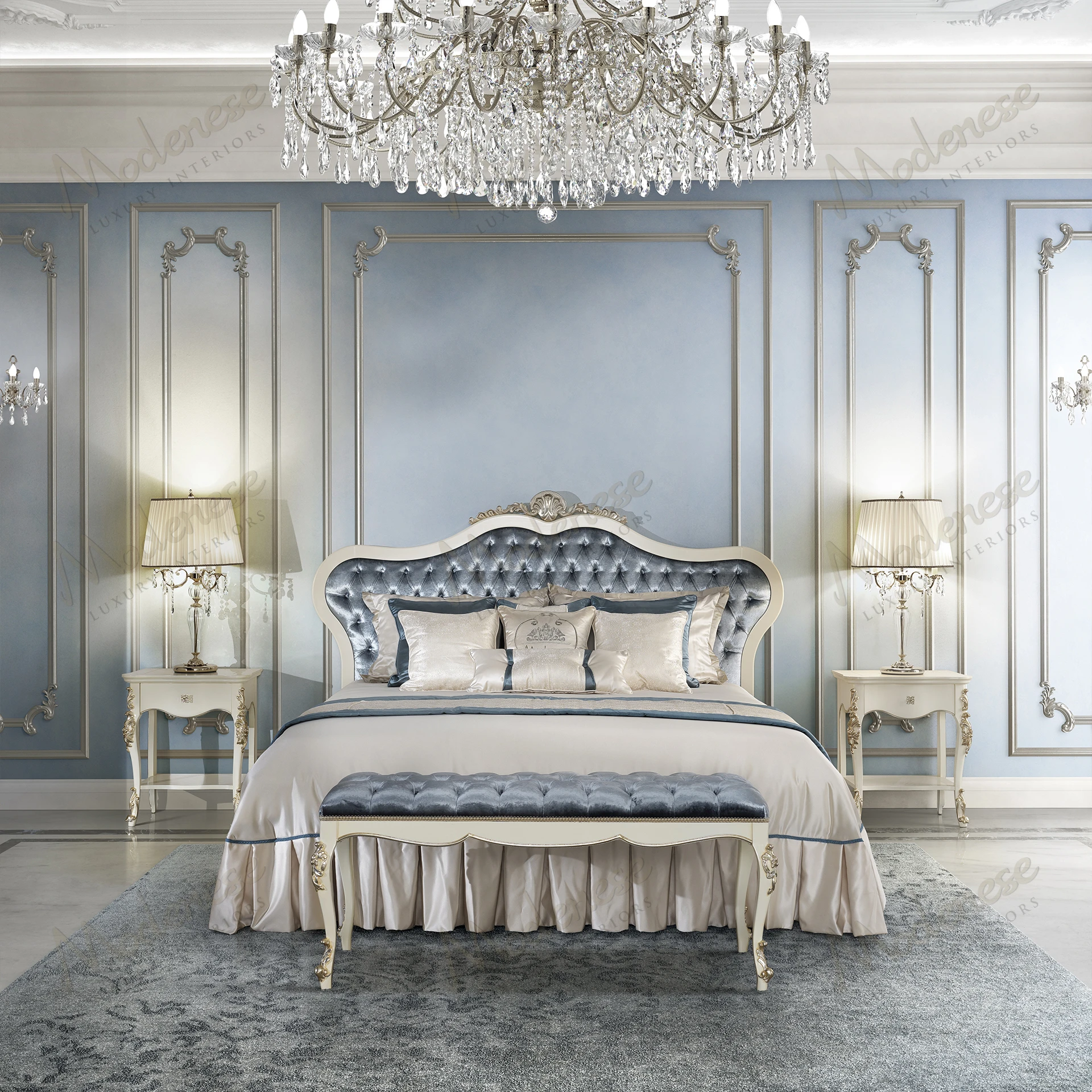 Elegant Horizon Bed with white lacquered finish and platinum leaf details, showcasing a sophisticated design