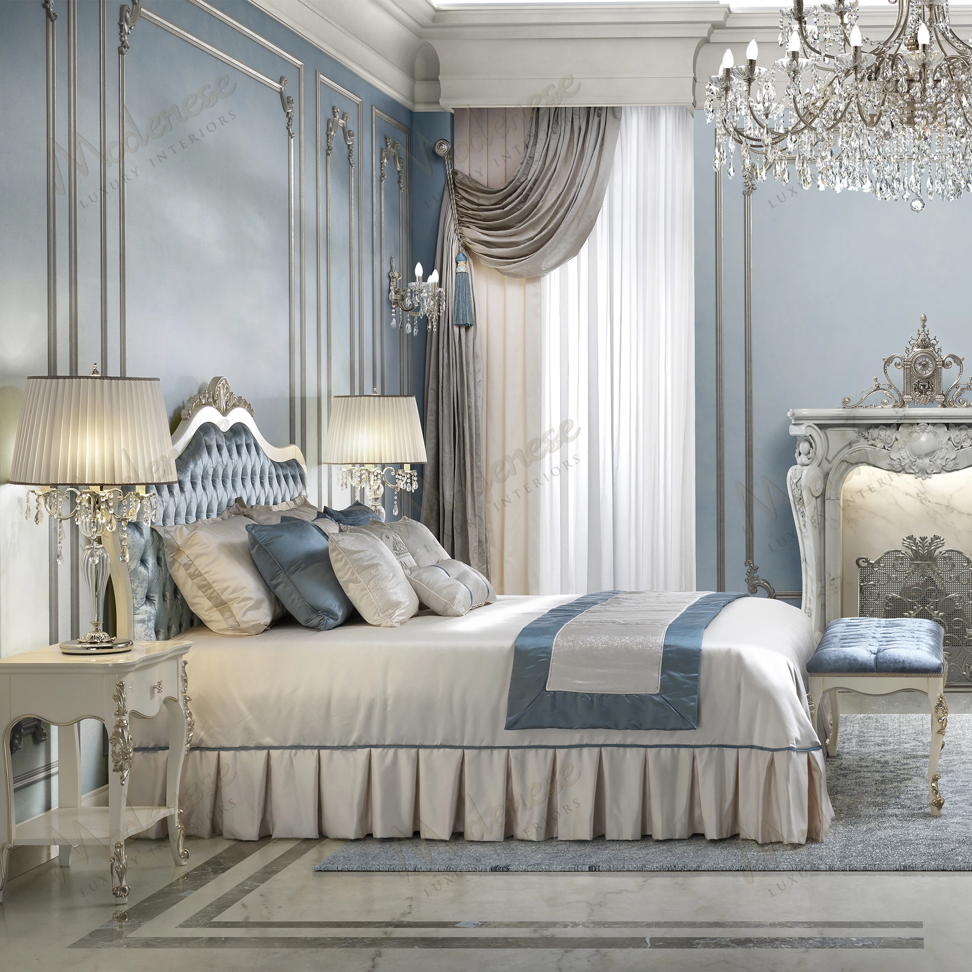 Light blue velvet upholstered Horizon Bed with a cozy texture, providing a comfortable and inviting appearance. Perfect for a stylish and relaxing bedroom