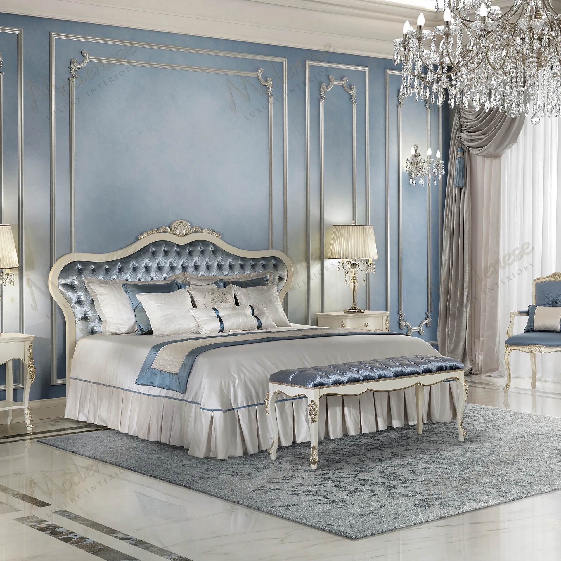 Modern Horizon Bed with wooden frame, white lacquer finish, platinum leaf accents, and sleek design. Fabric upholstery enhances its elegant and contemporary look