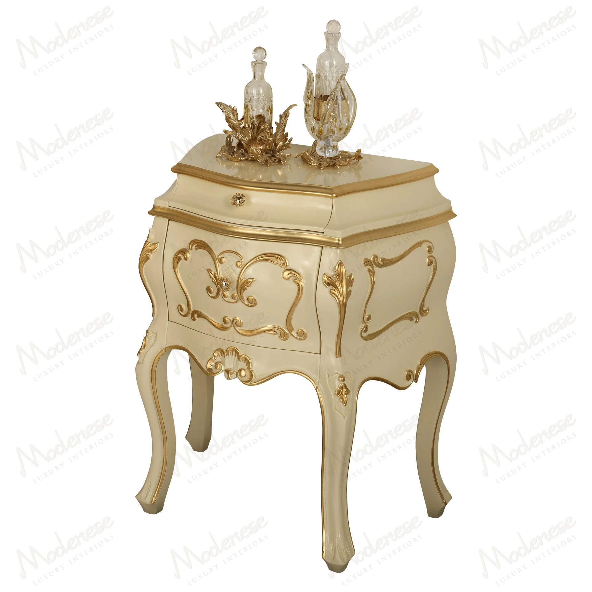 Ethereal Glow Night Table with ivory lacquered finish and gold leaf details, showcasing an elegant style. Ideal for sophisticated interiors