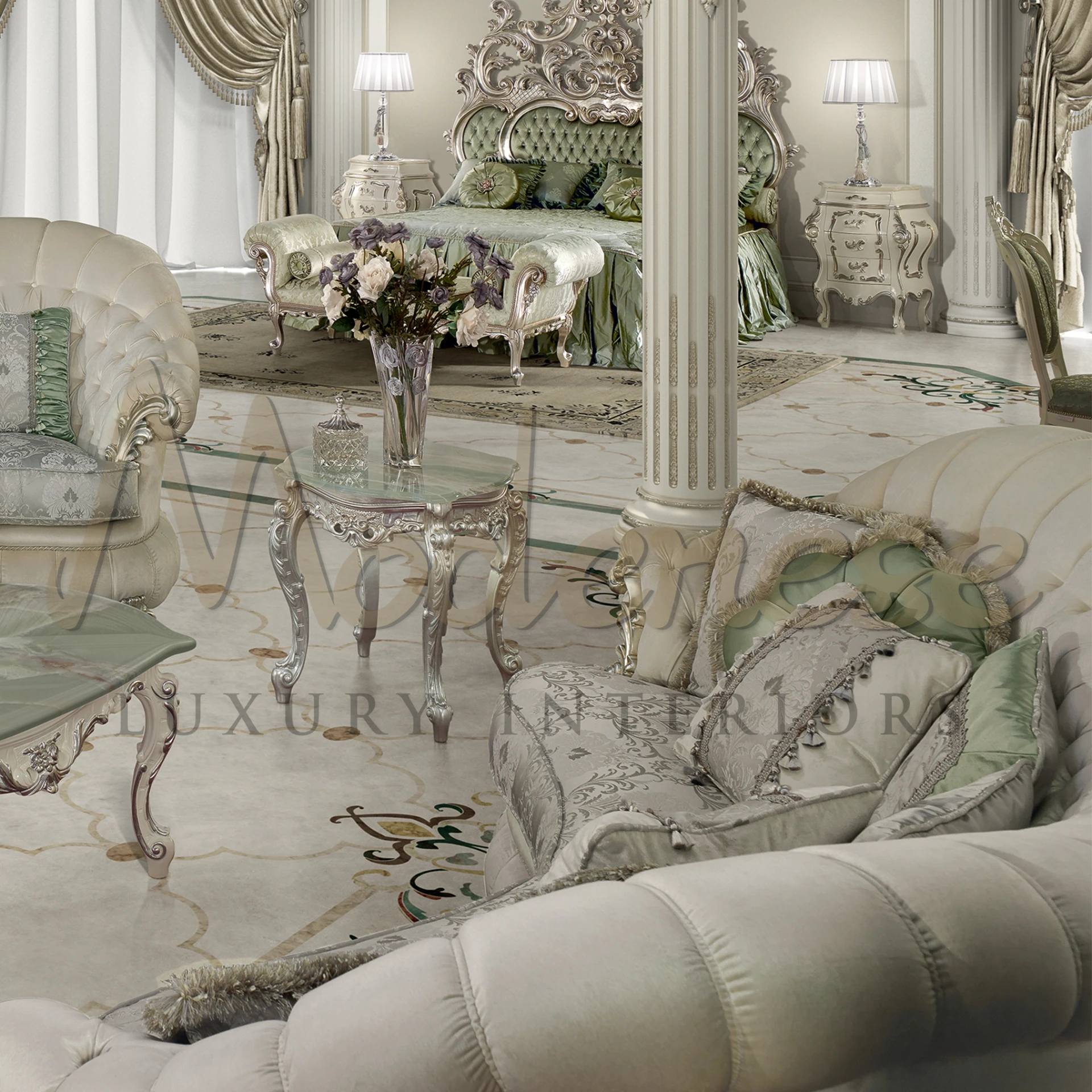 Classic Silver Leaf Side Table with marble top, blending Italian design with classy furniture elegance for timeless style.