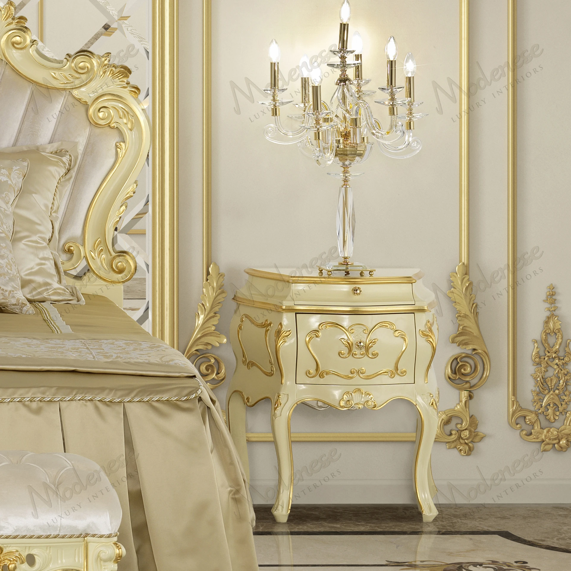 Ethereal Glow Night Table with wood structure, ivory lacquered finish, gold leaf details, and sleek design. Ideal for modern, elegant spaces