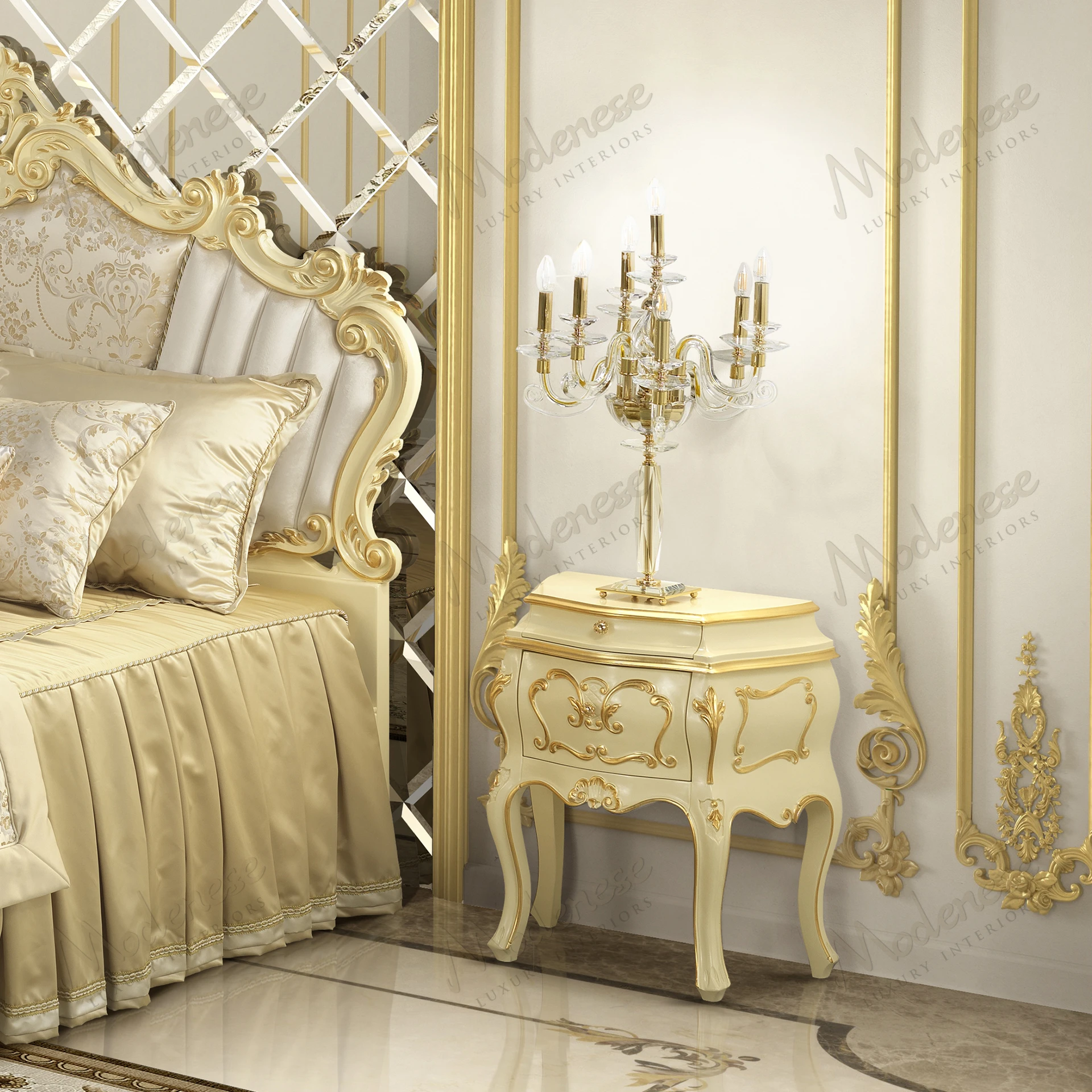 Elegant night table with an ivory lacquered finish and gold leaf accents, exuding a luxurious and sophisticated appearance. No fabric elements