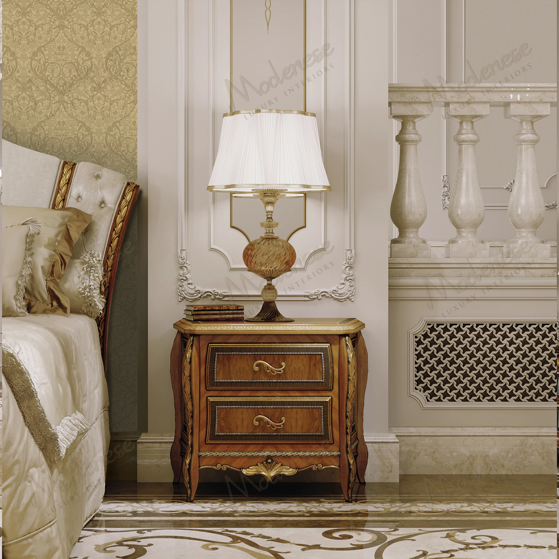 Elegant Heritage Harmony Night Table with classic walnut finish, black lacquered accents, and antiqued gold leaf details. Stylish and accessible design..