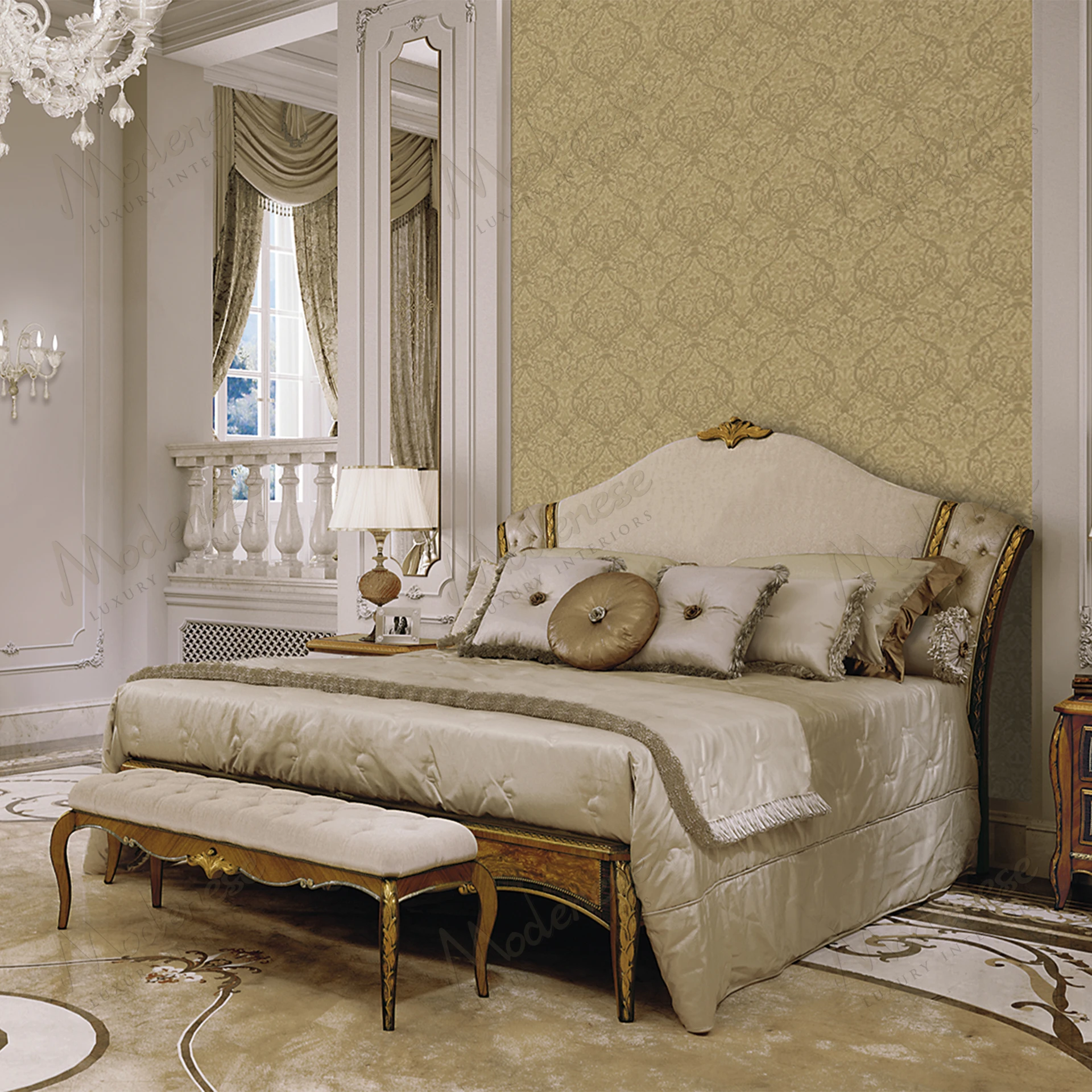 A sleek Heritage Harmony Night Table with a wooden structure, classic walnut finish, black lacquered accents, and antiqued gold leaf details..