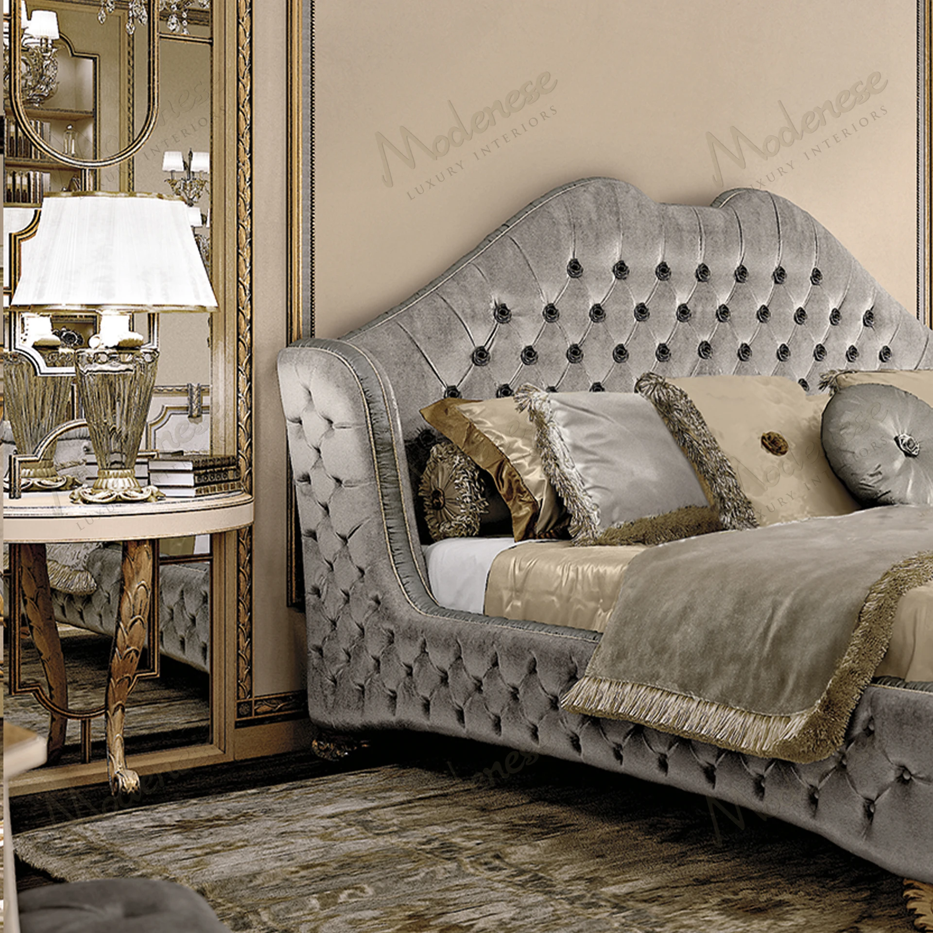 Elegant Embrace Night Table with white lacquered finish and antiqued gold leaf details, showcasing a sophisticated design..