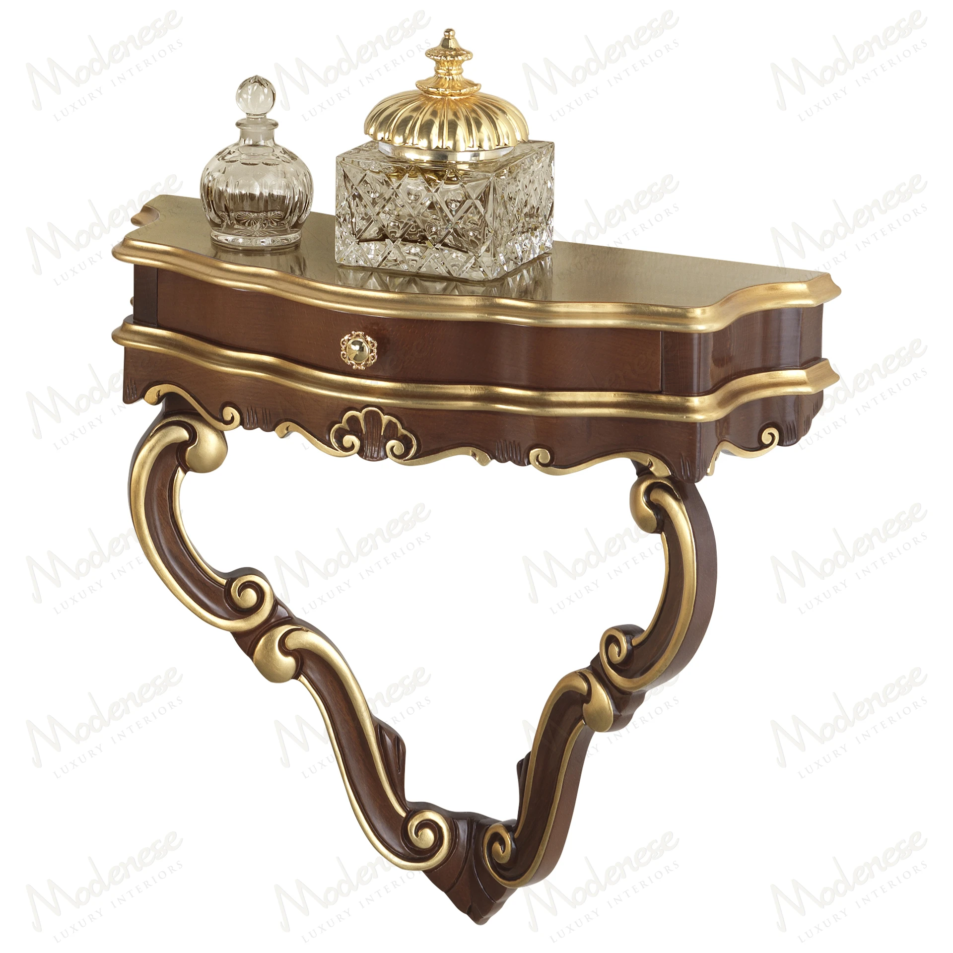 Elegant night table with a classic walnut finish and gold leaf details, showcasing a luxurious and sophisticated design..