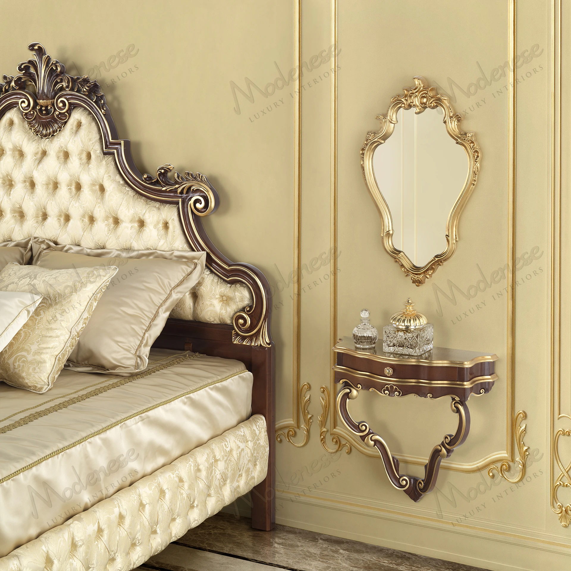 Luxury wooden night table with classic walnut finish, gold leaf accents, and sleek design. Elegant and sophisticated for a refined bedroom..