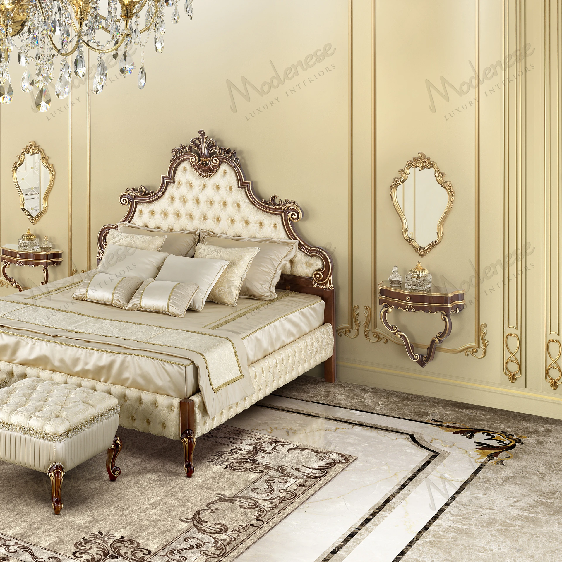 Luxury Glow Night Table with classic walnut finish, gold leaf details, no fabric, luxurious design, perfect for elegant bedroom settings..