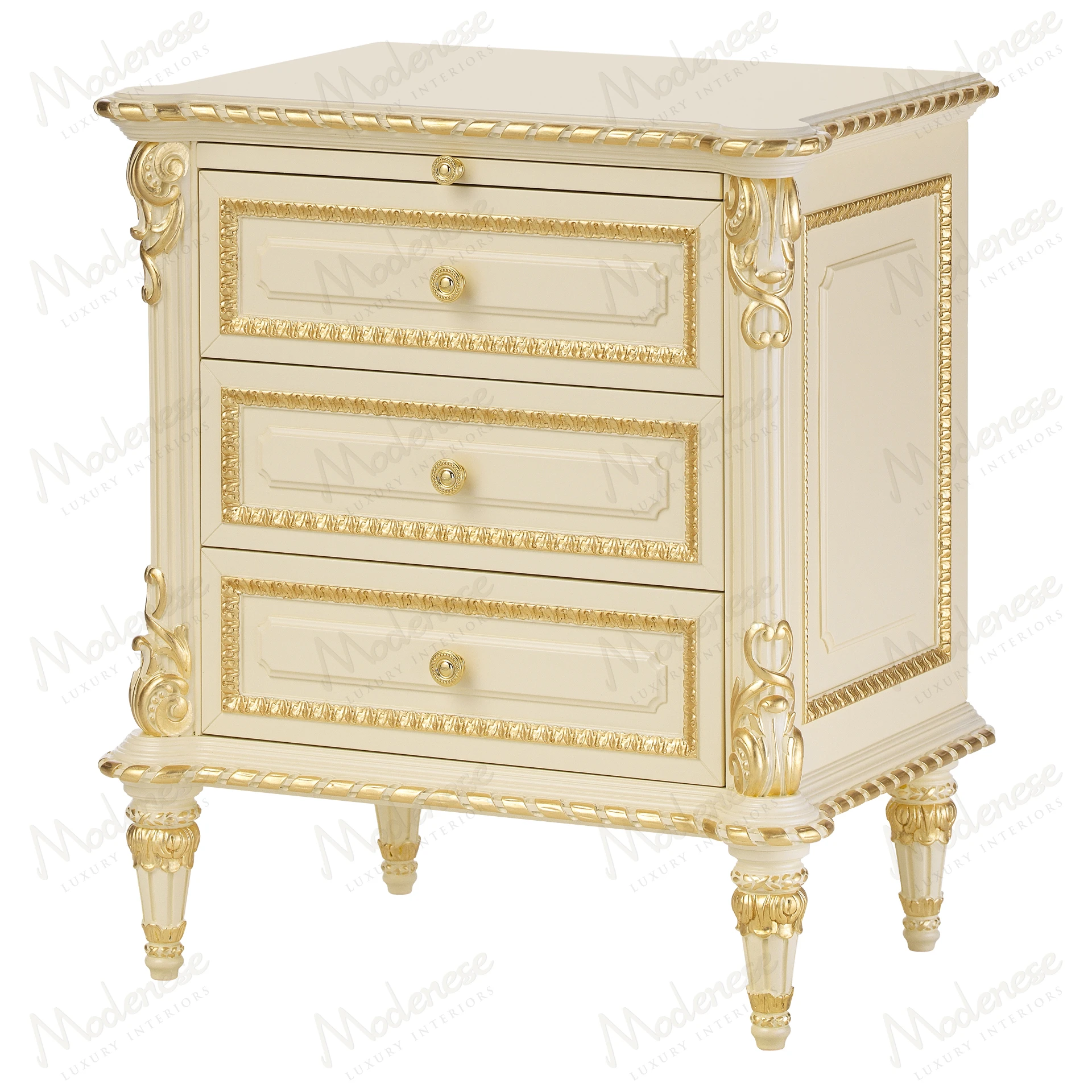 Golden Radiance Night Table with ivory lacquered finish, gold leaf accents, elegant style, and ornate design. Perfect for luxurious bedroom decor