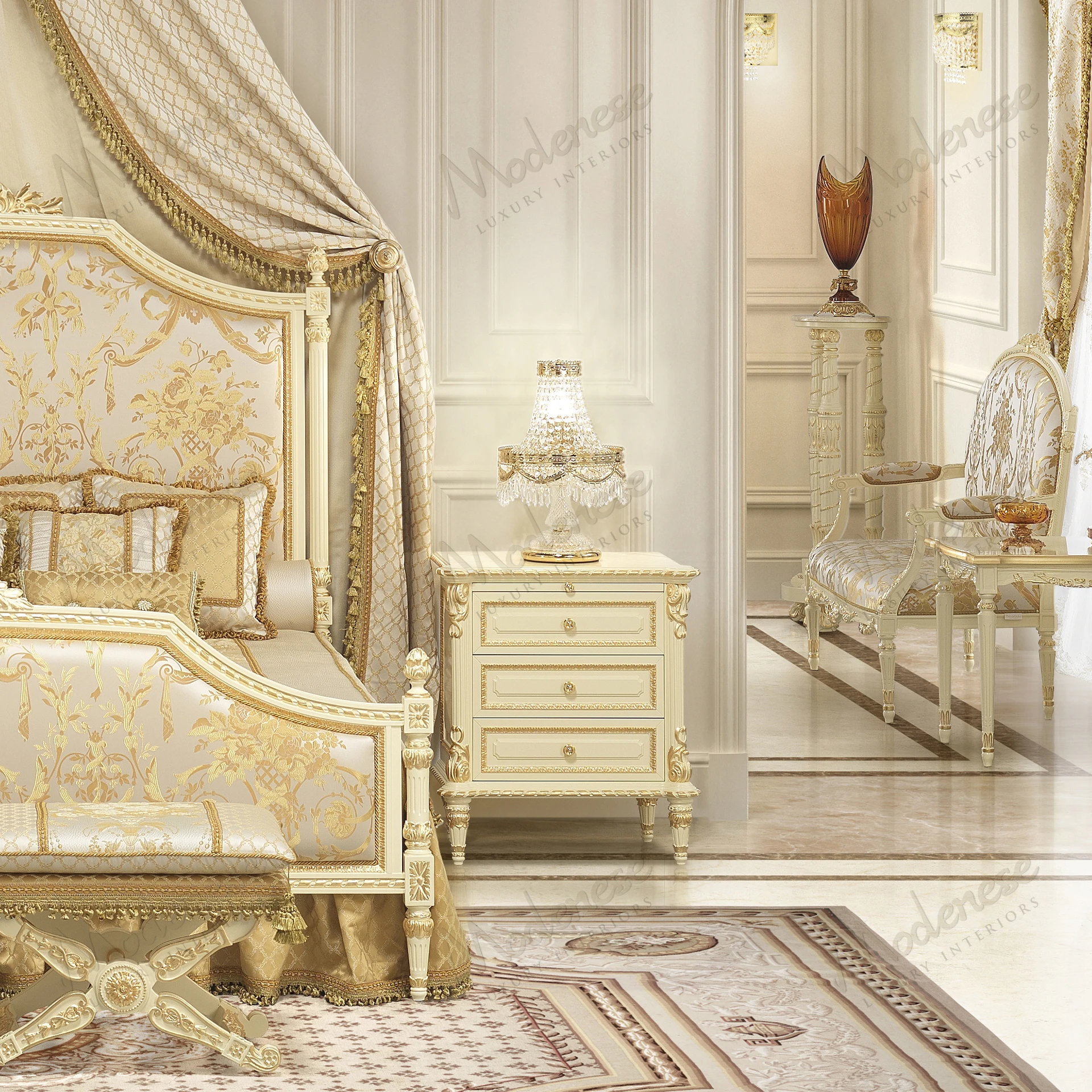 Golden Radiance Night Table: Wood structure, wooden top, ivory lacquered finish, gold leaf accents, sleek design. Elegant and accessible for all