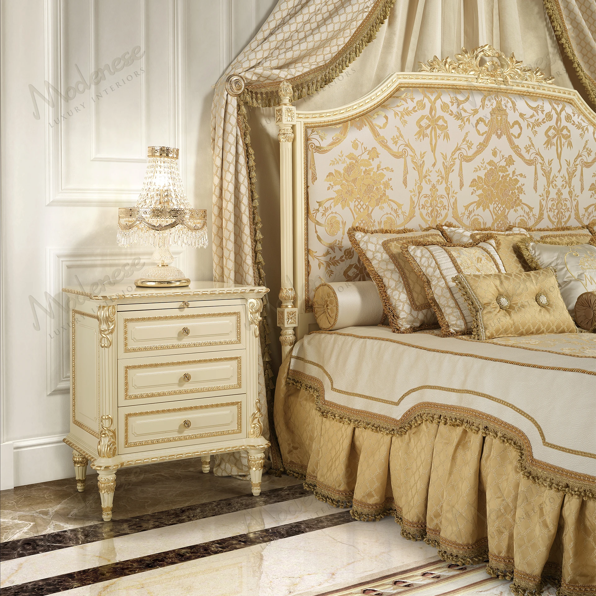 Golden Radiance Night Table with a smooth, reflective surface and rounded edges, offering a warm, inviting glow for a cozy bedroom ambiance