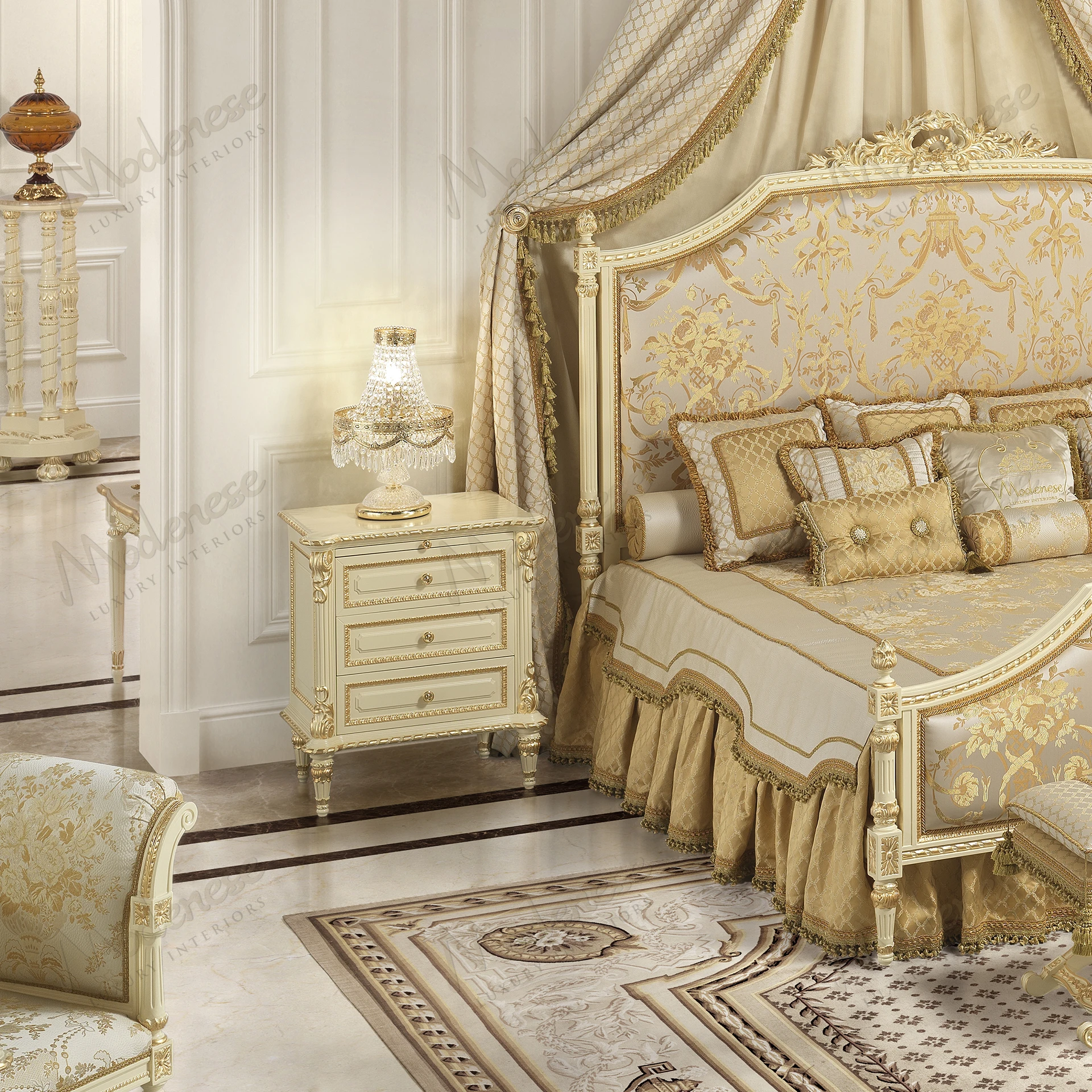 Golden Radiance Night Table with an ivory lacquered finish and gold leaf details, offering a luxurious, fabric-free design