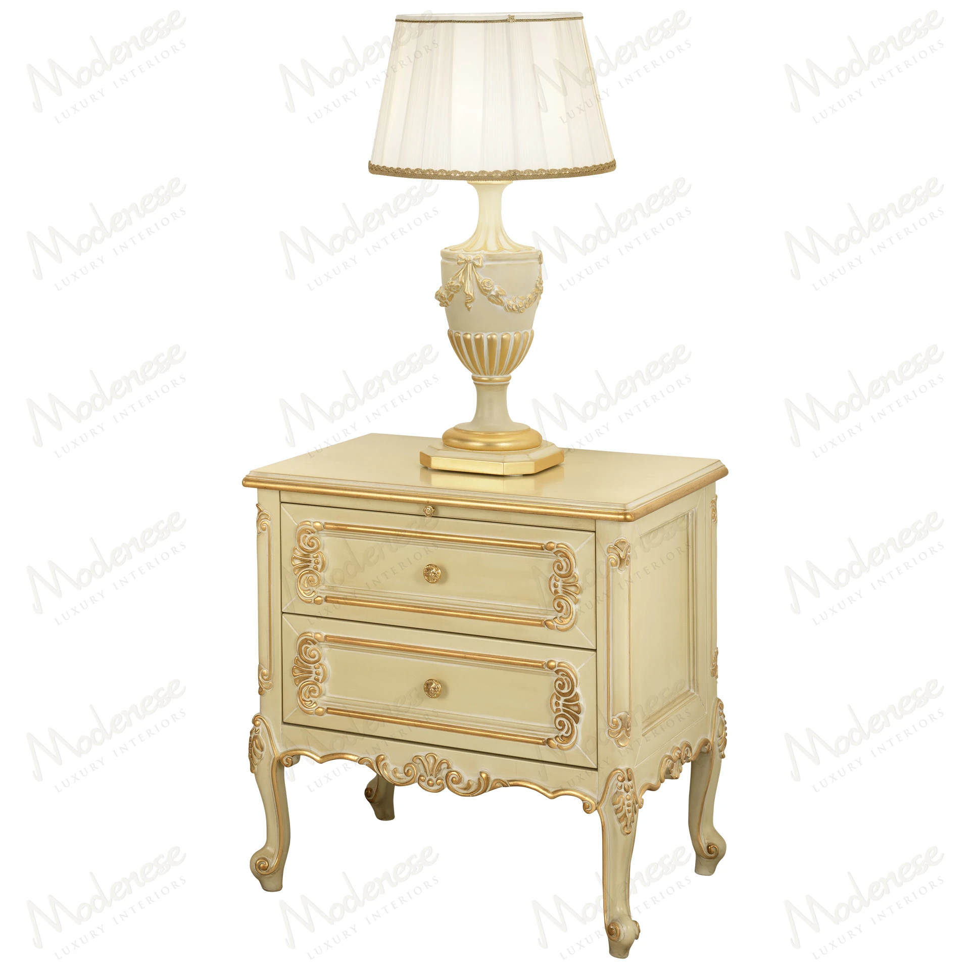 Elegant ivory night table with gold leaf accents, luxurious design, and lacquered finish, blending classic and modern styles seamlessly
