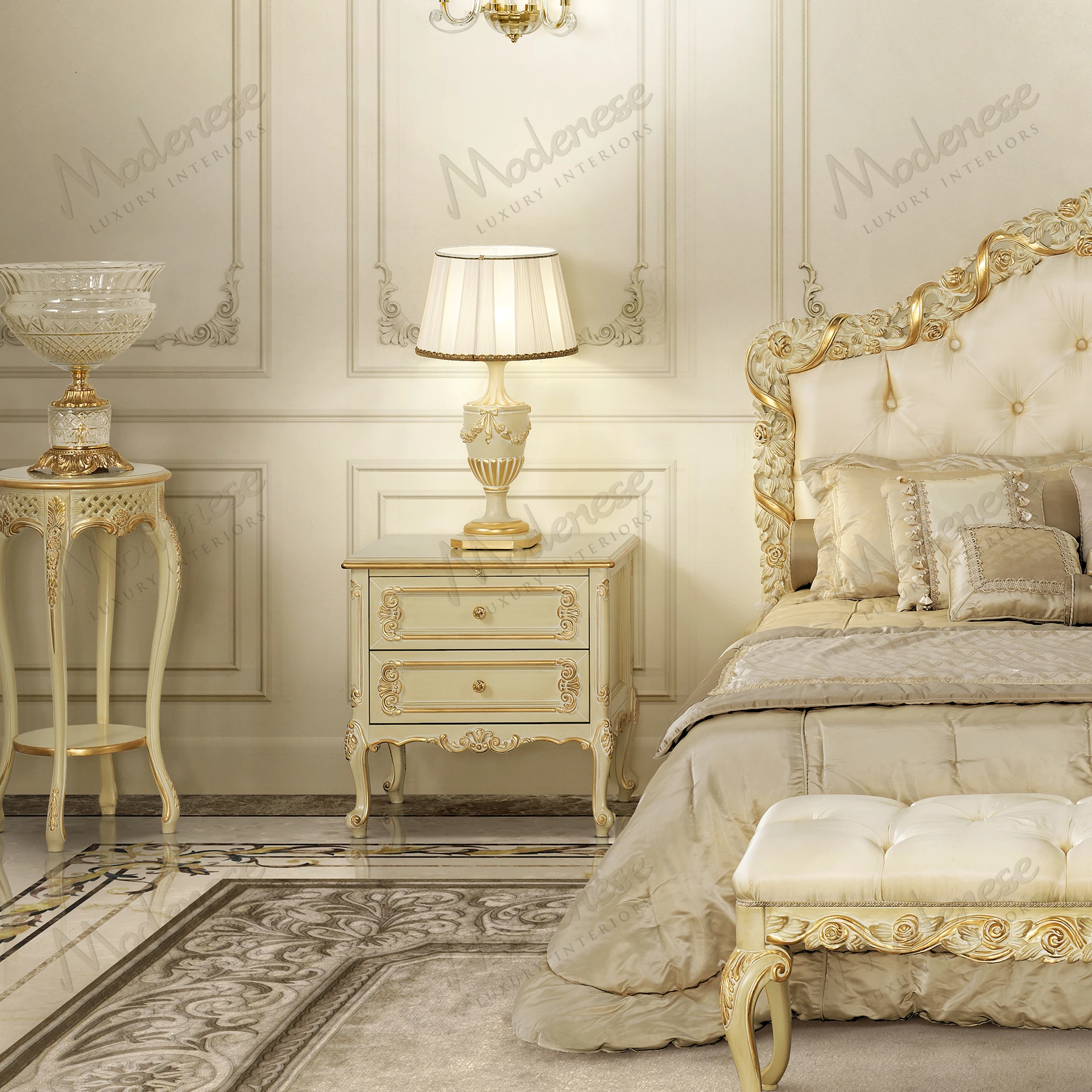 Elegant Pearl Luxury Night Table with wood structure, ivory lacquered finish, gold leaf accents, and a wooden top. Sleek and sophisticated design