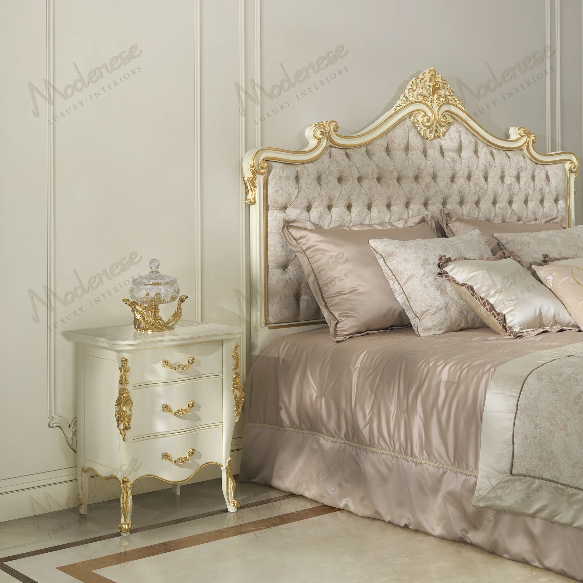 Elegant night table with a white lacquered finish, gold leaf accents, and delicate design. Perfect for adding sophistication to any bedroom