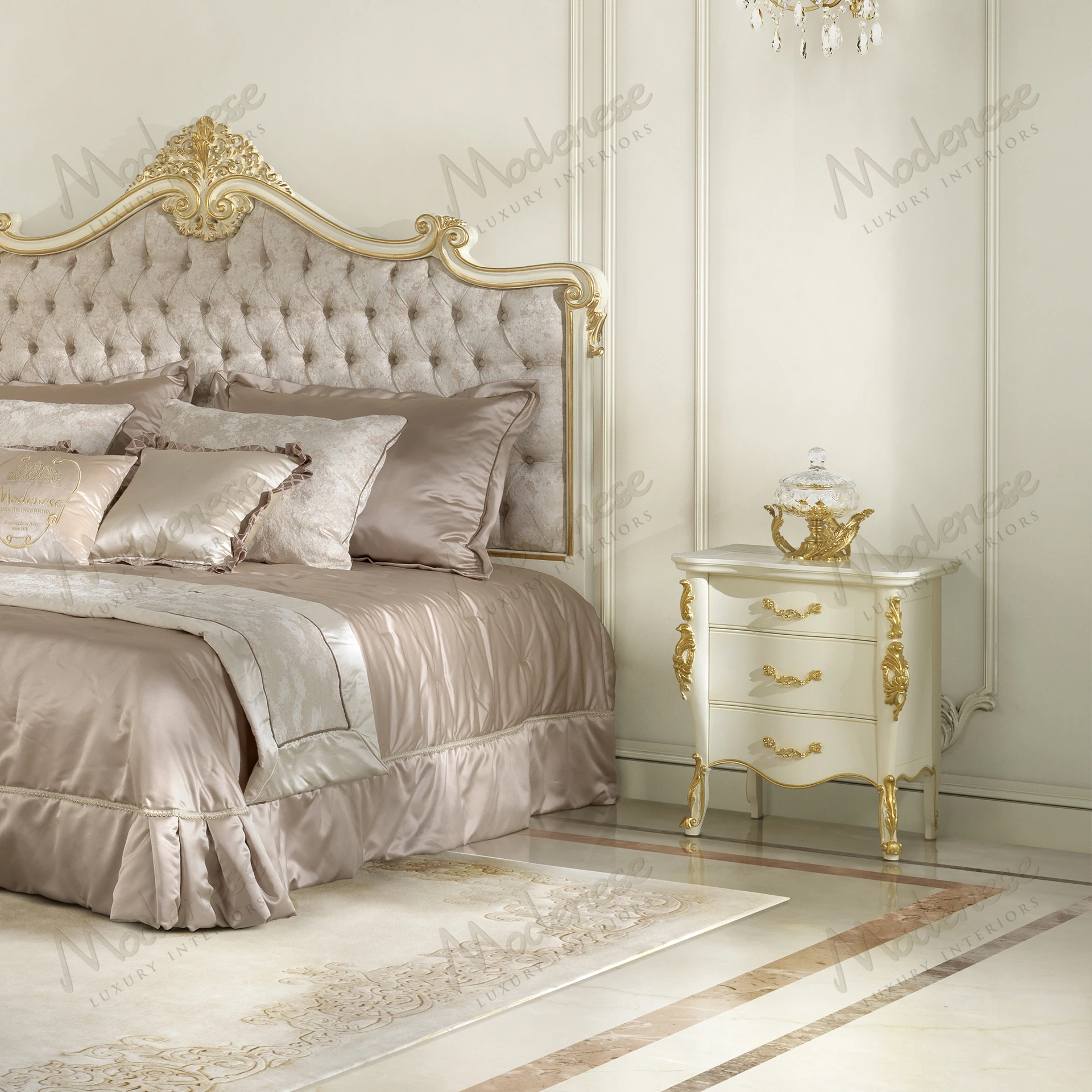 A sleek night table with a wooden structure, white lacquered finish, and gold leaf accents, offering a modern and elegant aesthetic