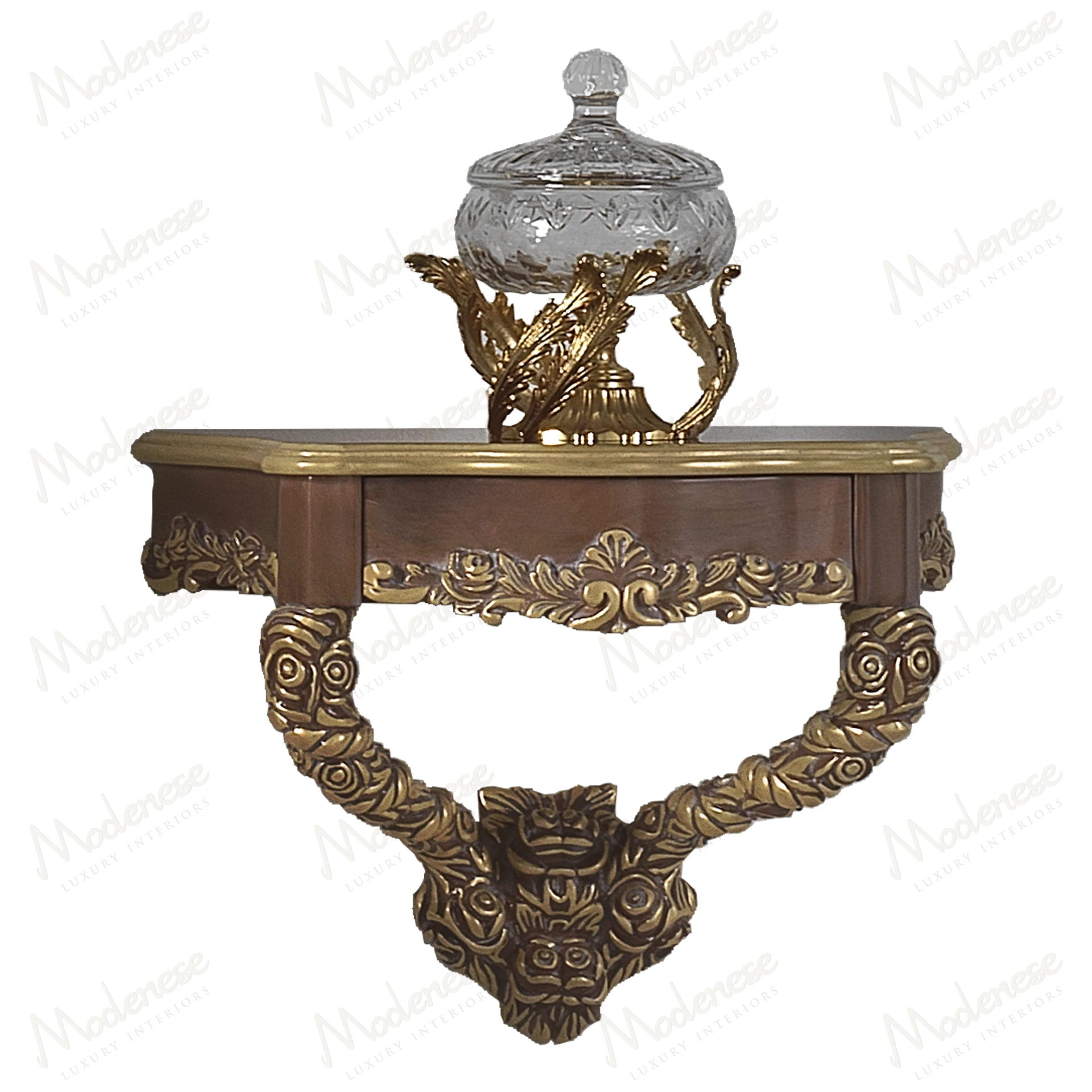 Elegant Golden Ribbon Night Table with classic walnut finish and gold leaf details, showcasing a sophisticated design