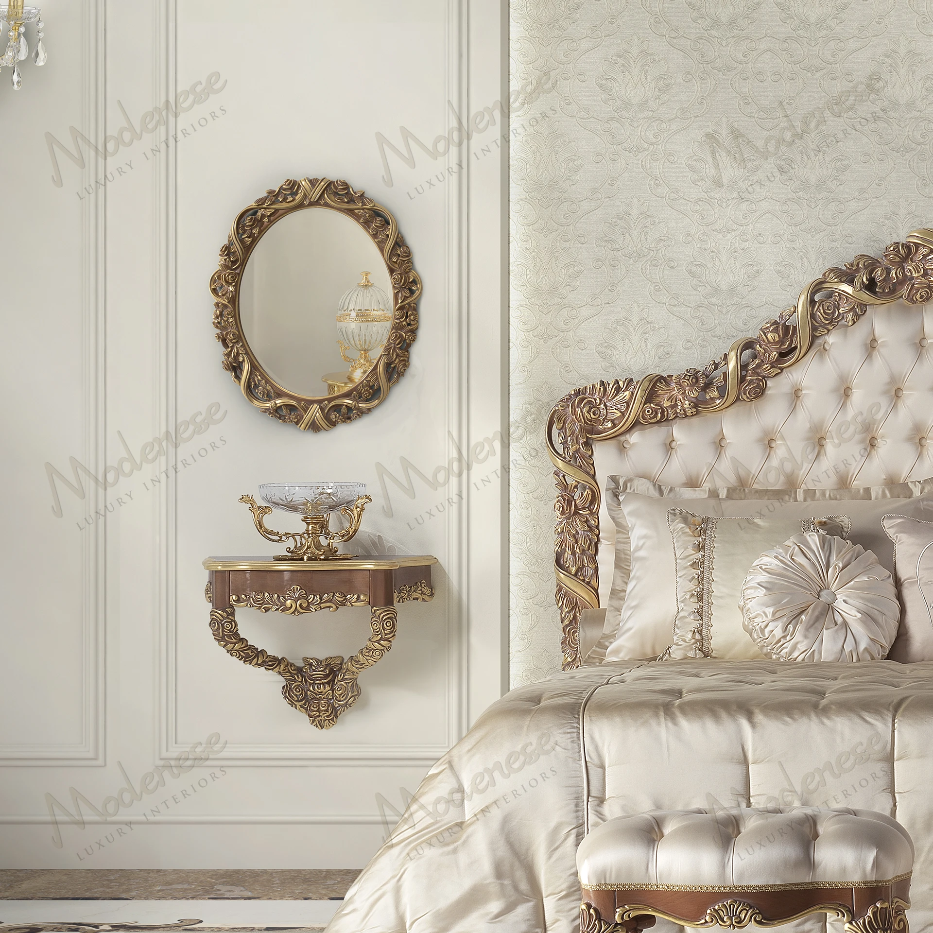 A sleek Golden Ribbon Night Table with a wooden structure, classic walnut finish, and gold leaf accents, showcasing elegant craftsmanship