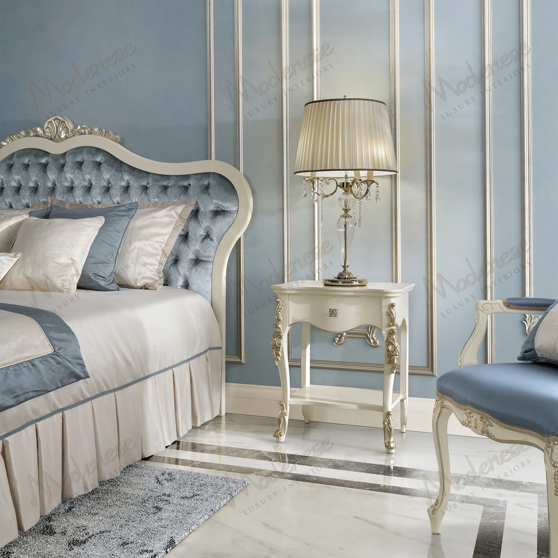 Elegant Horizon Night Table with a white lacquered finish and platinum leaf details, showcasing a sophisticated design