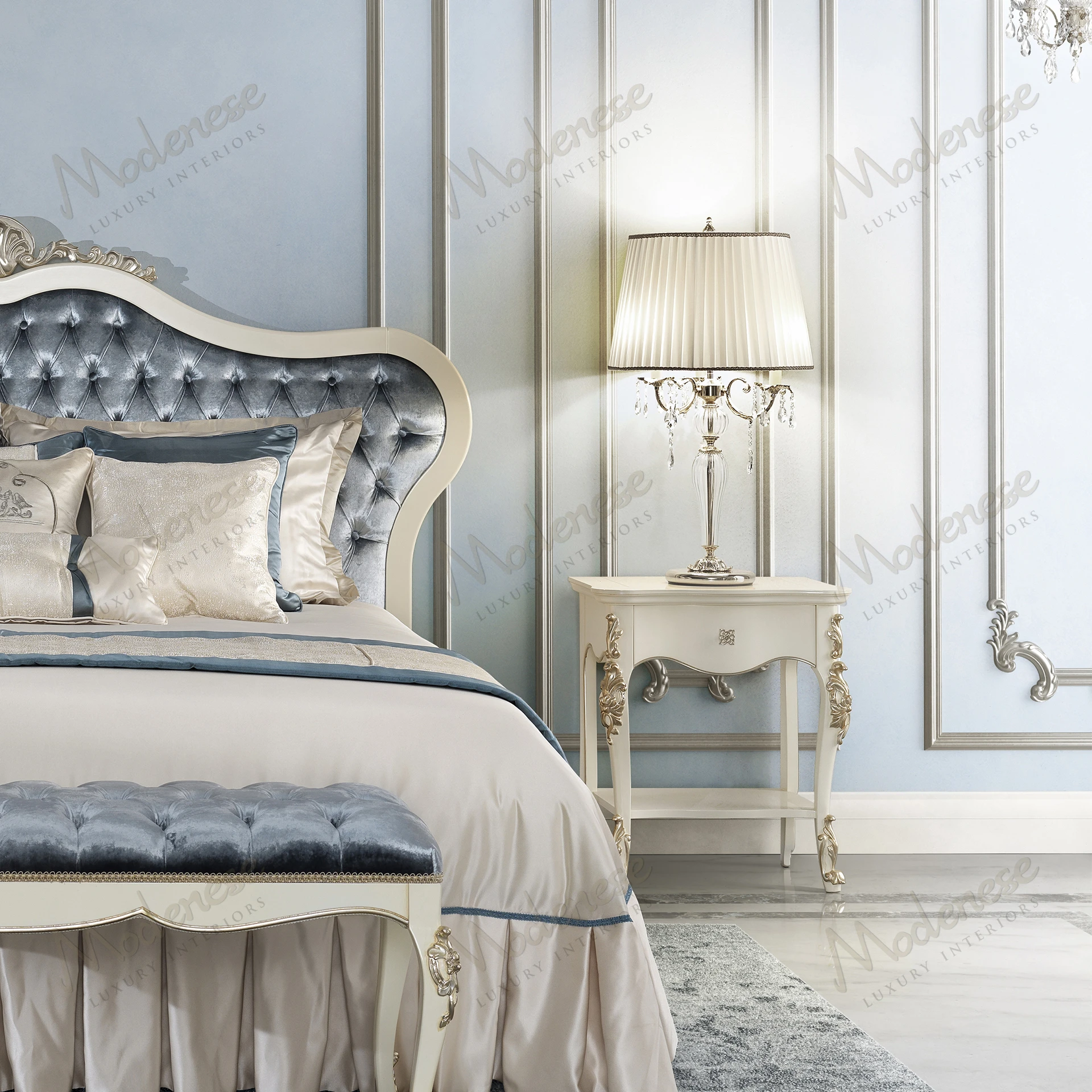 A sleek Horizon Night Table with wood structure, white lacquered finish, and platinum leaf details, showcasing a modern aesthetic