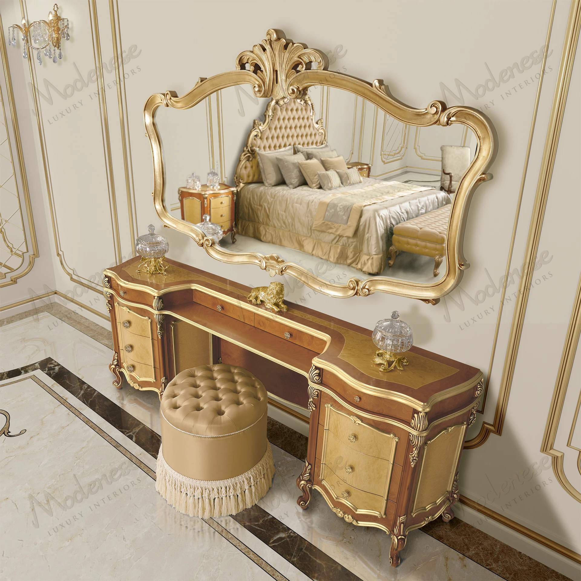 Elegant Royal Blend Toilette with two-toned wood and gold leaf details, showcasing a luxurious design. Perfect for sophisticated bathroom decor