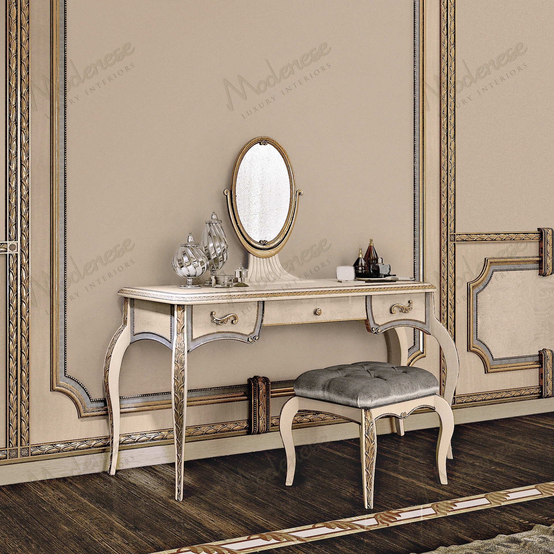 Elegant Embrace Toilette with wood structure, ivory and light blue lacquer, gold leaf accents, and sleek design, showcasing sophistication and style..