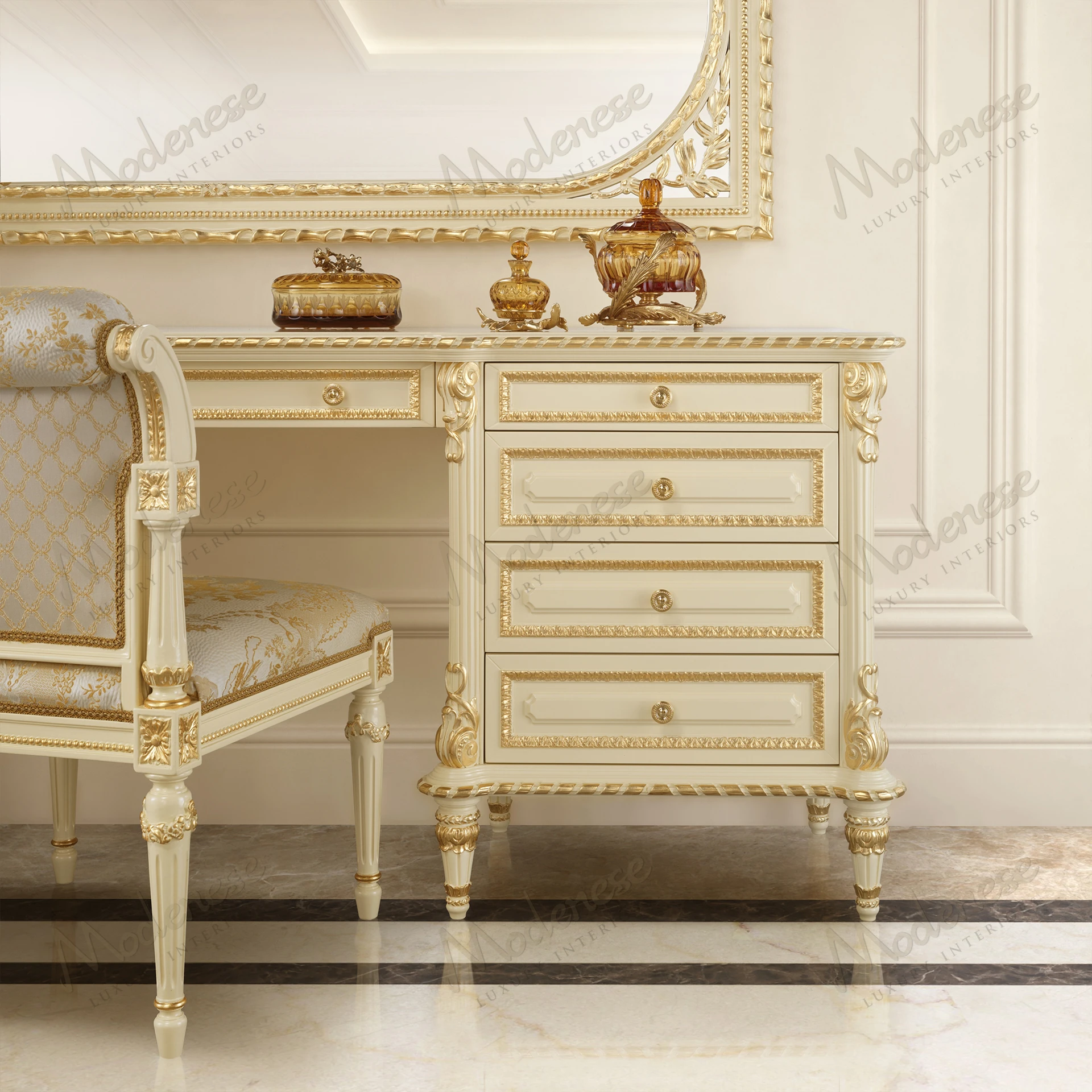 Elegant Golden Radiance Toilette with ivory lacquered finish and gold leaf details, showcasing a luxurious and sophisticated design