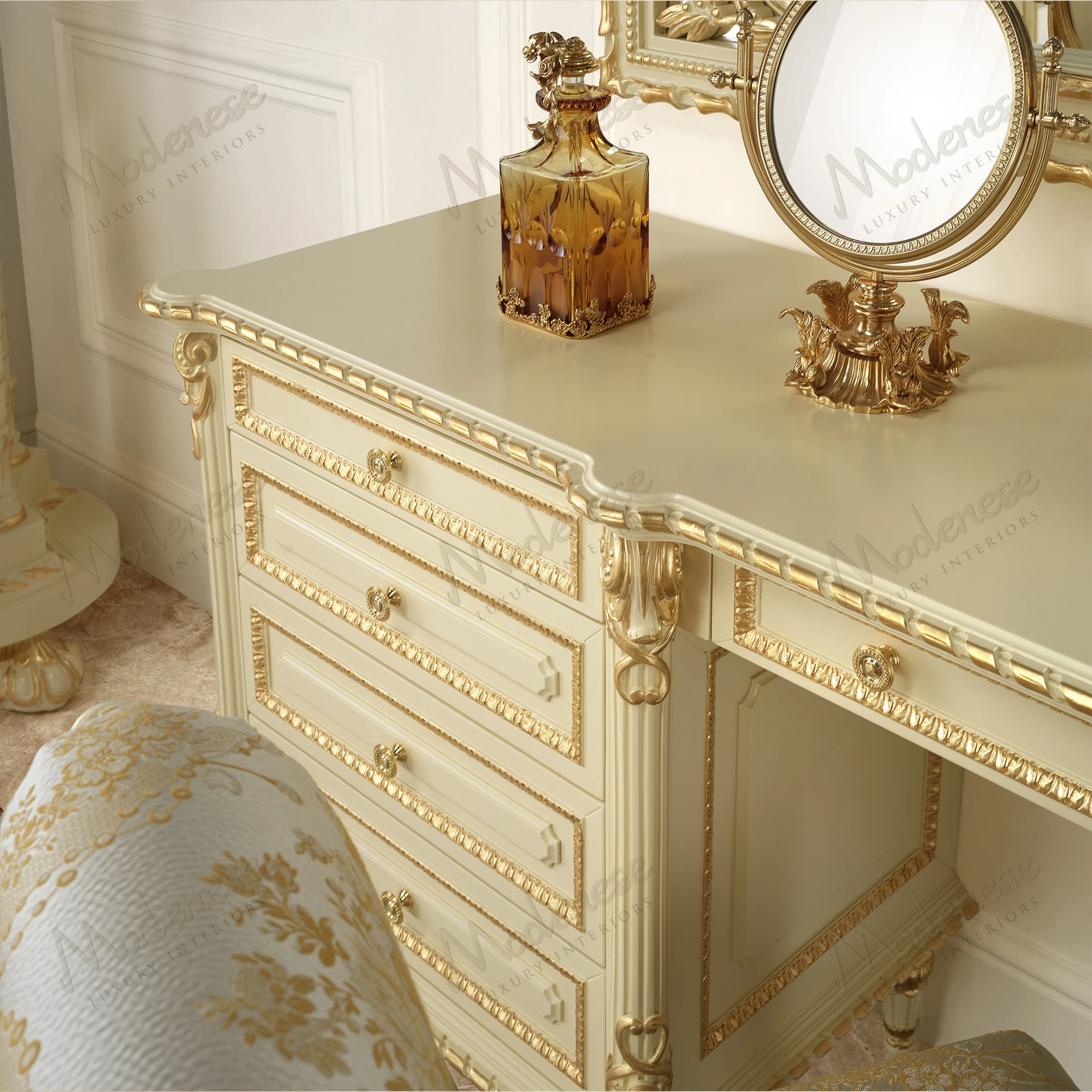 Golden Radiance Toilette with a sleek, smooth finish. No fabric upholstery, offering a minimalist and elegant design. Cozy yet modern aesthetic