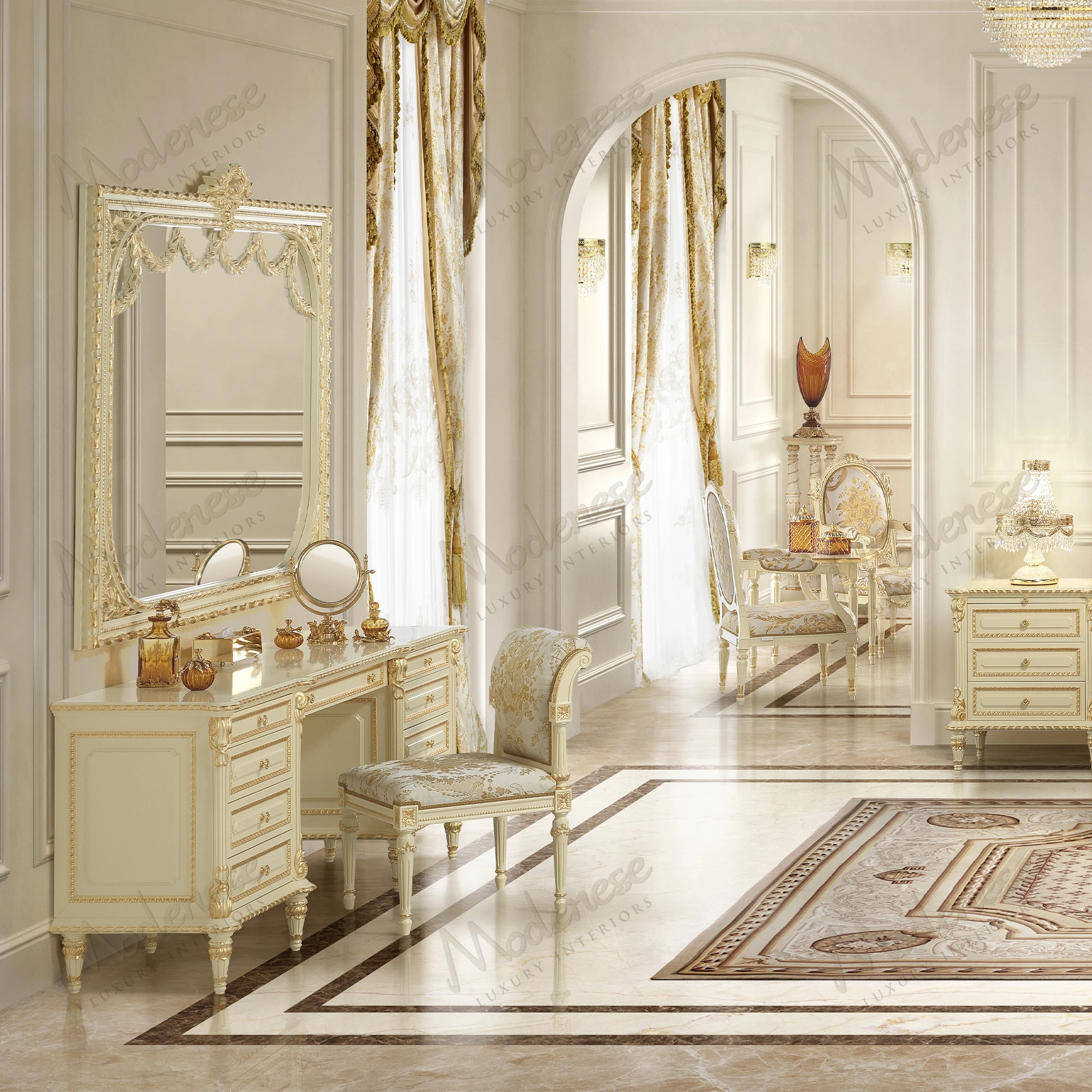 A sleek wooden toilette with an ivory lacquered finish and gold leaf details, combining natural tones and elegant craftsmanship