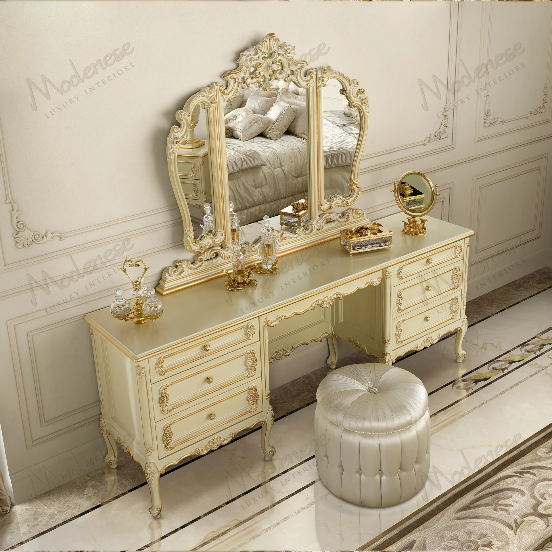Pearl Luxury Toilette with ivory lacquer finish, gold leaf details, and elegant design, offering a sophisticated touch to any bathroom