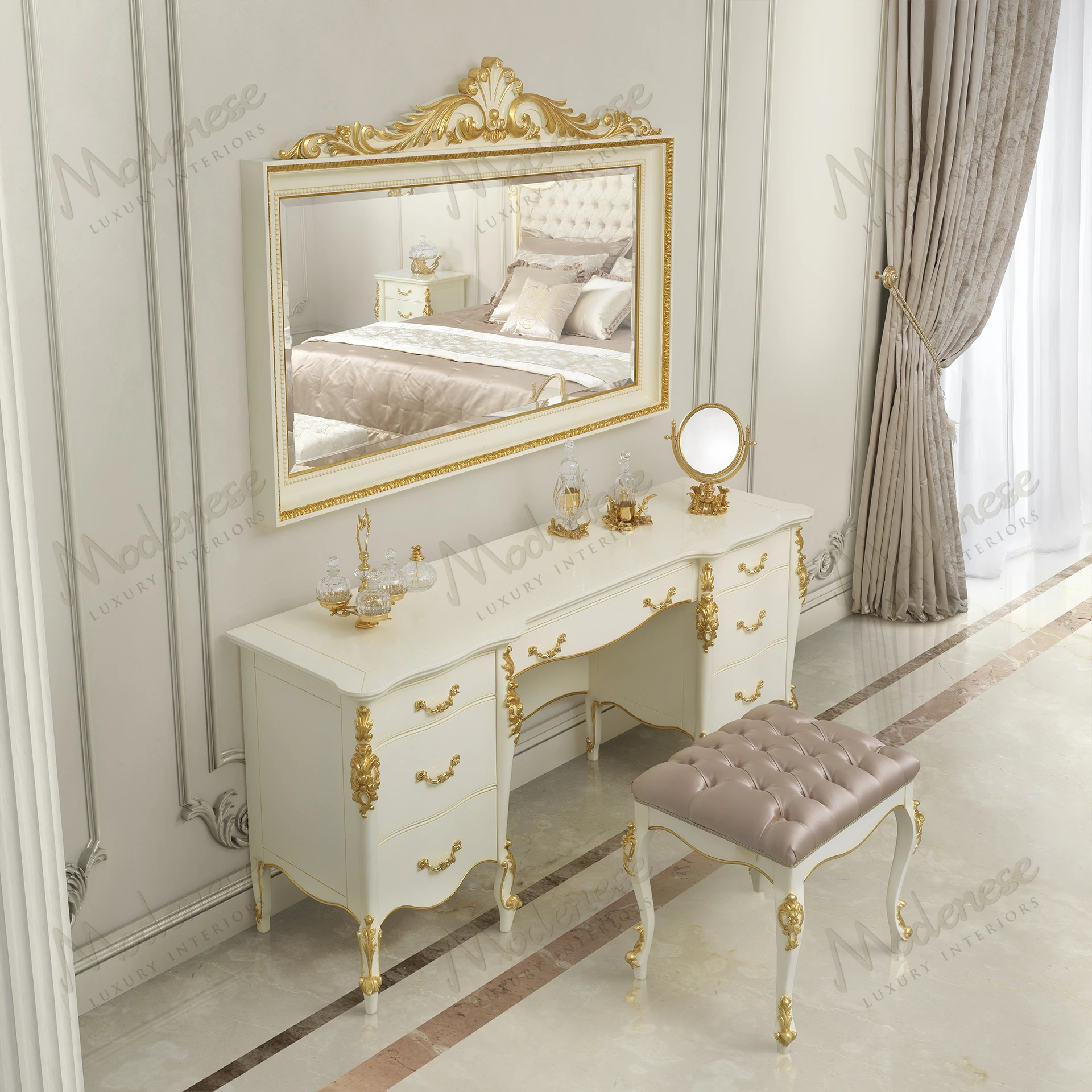 White lacquered Delicate Bliss Toilette with gold leaf accents, showcasing an elegant and refined style