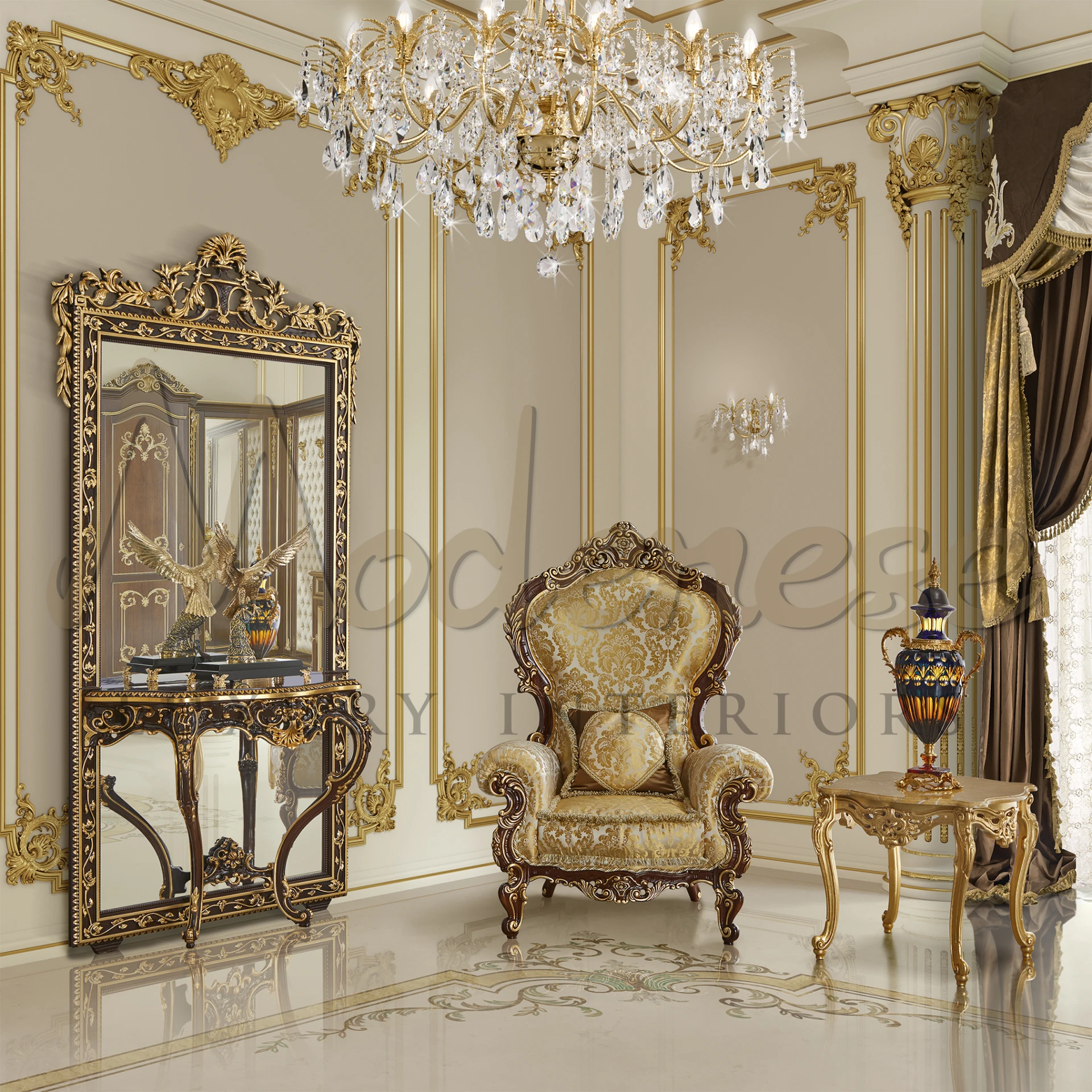 Elegant Gold Leaf Side Table with baroque style, perfect for adding a touch of Italian design and luxury to classic interiors.