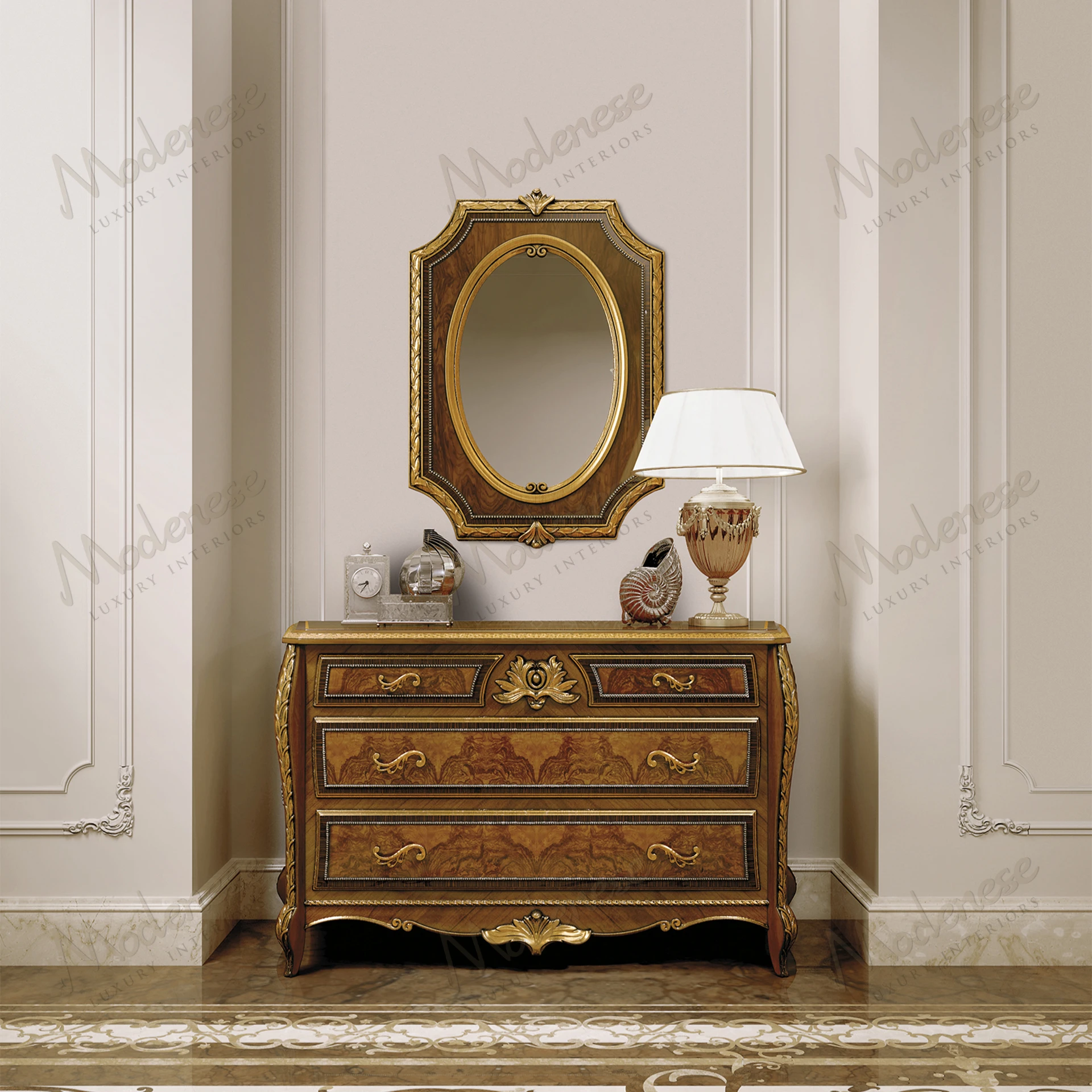 Heritage Harmony Chest of Drawers: Classic walnut finish, black lacquered and antiqued gold leaf details, radica version, elegant style..