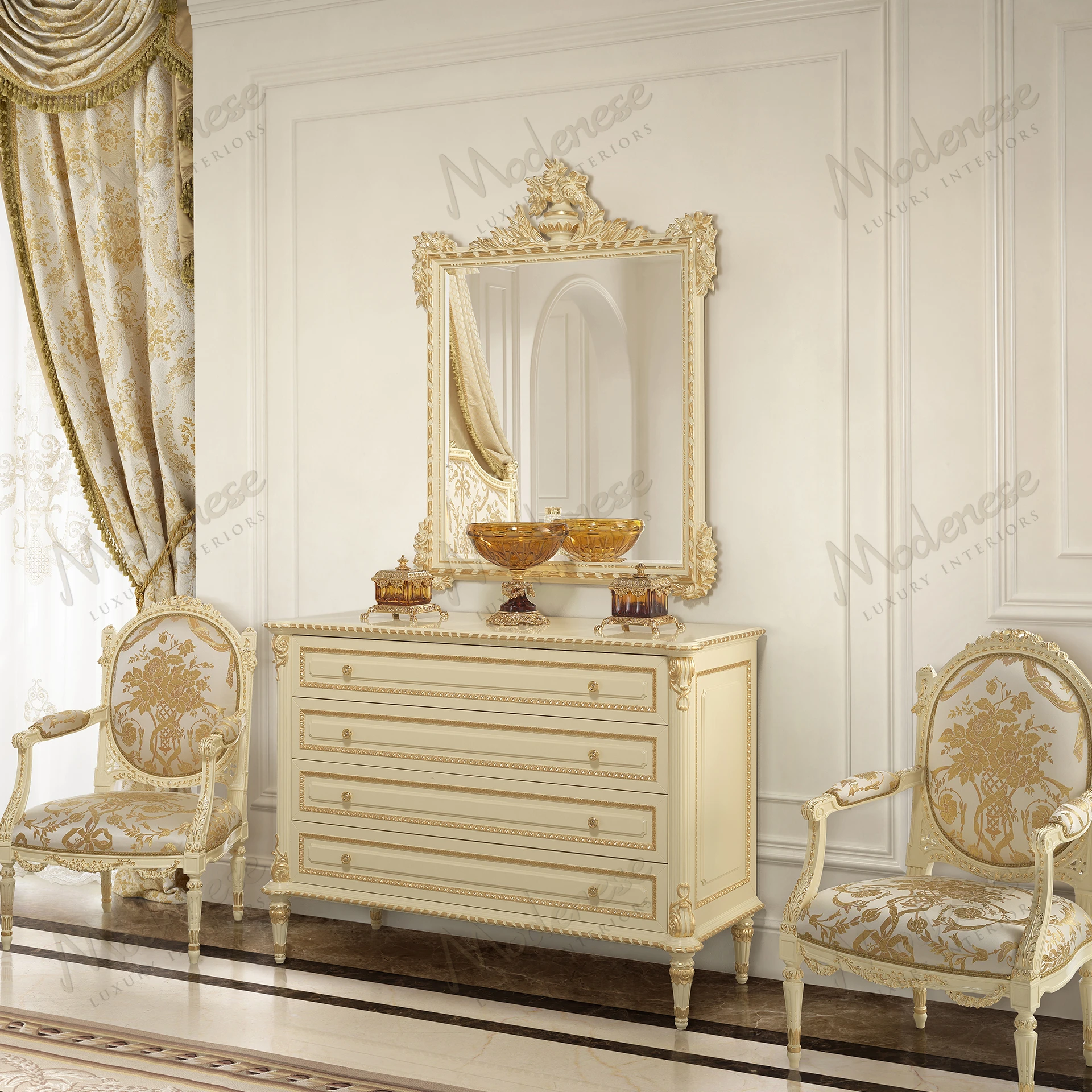 Elegant chest of drawers with ivory lacquer, gold leaf accents, wooden top. Sleek design, crafted from wood, exudes luxury and sophistication