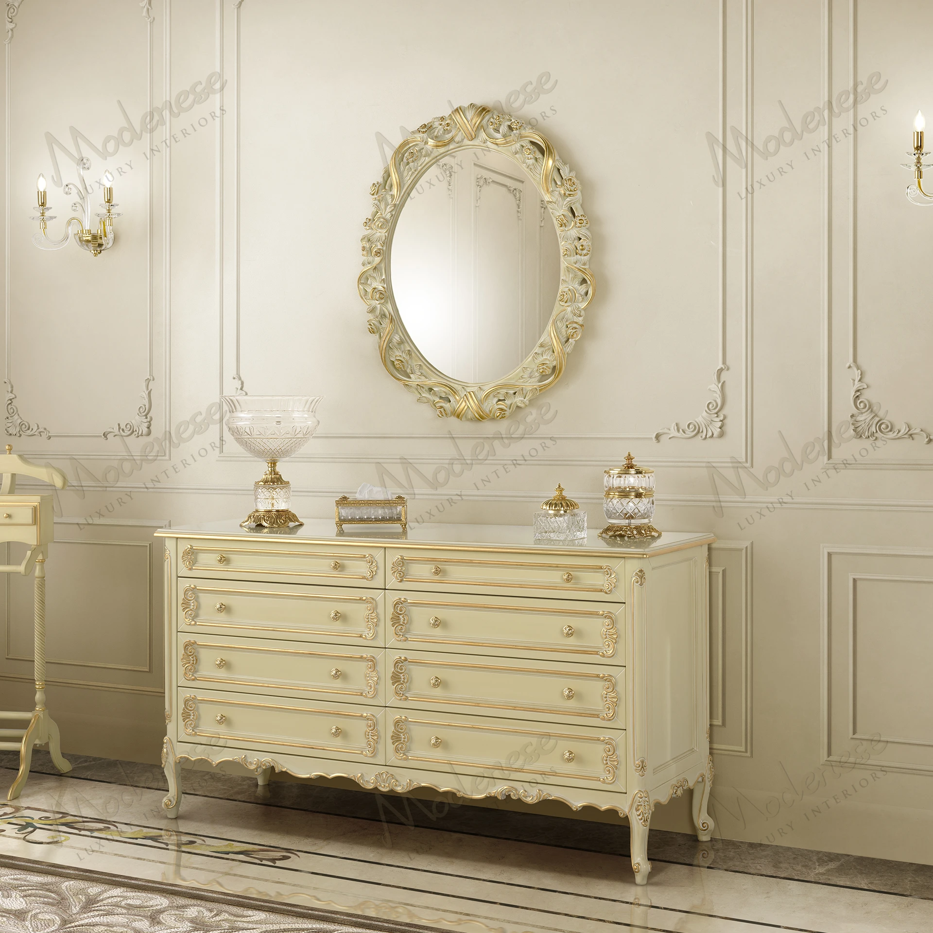 Elegant Pearl Luxury Chest of Drawers with ivory lacquered finish and gold leaf details, showcasing refined style