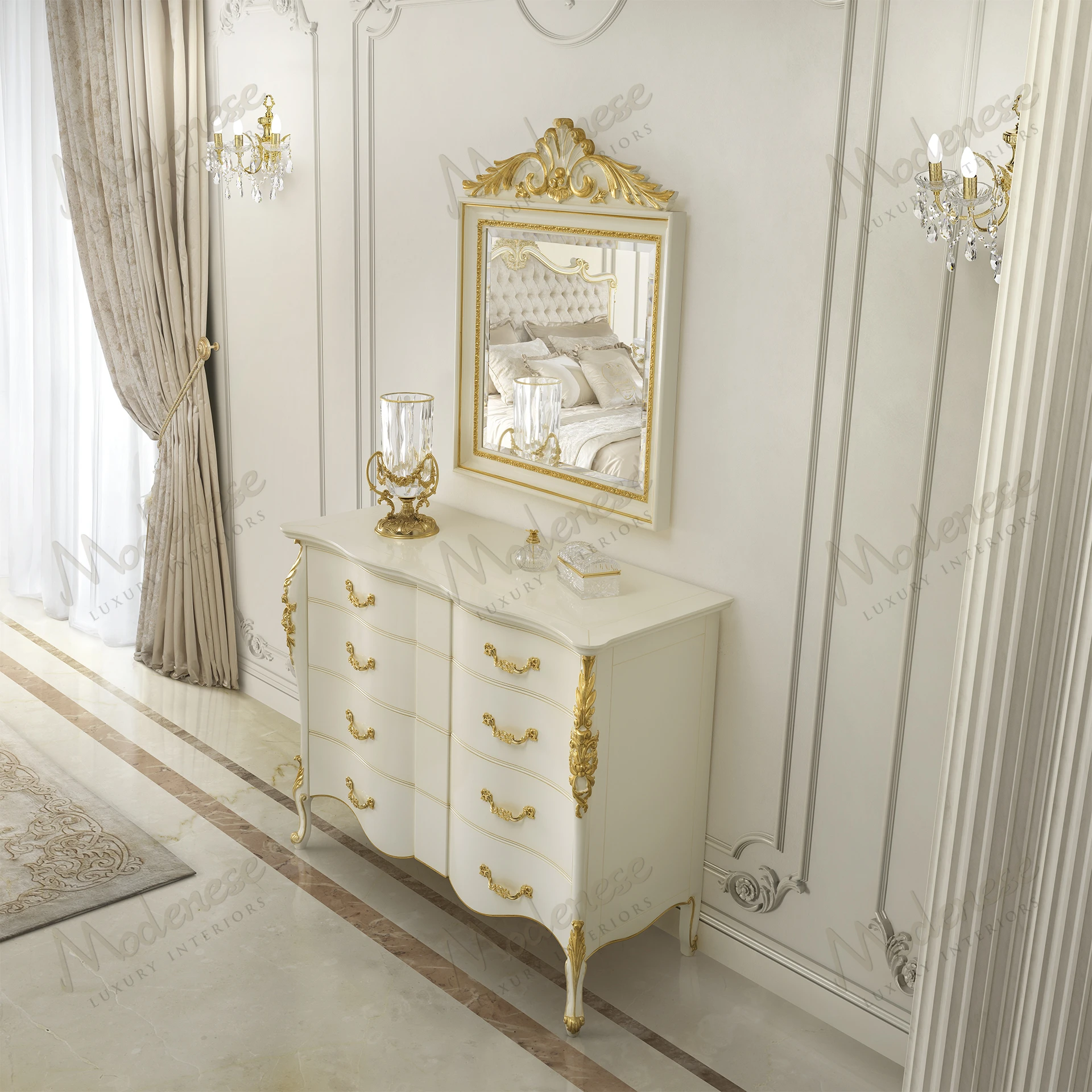 White chest of drawers with gold leaf accents, elegant design, and a glossy finish, suitable for refined interiors