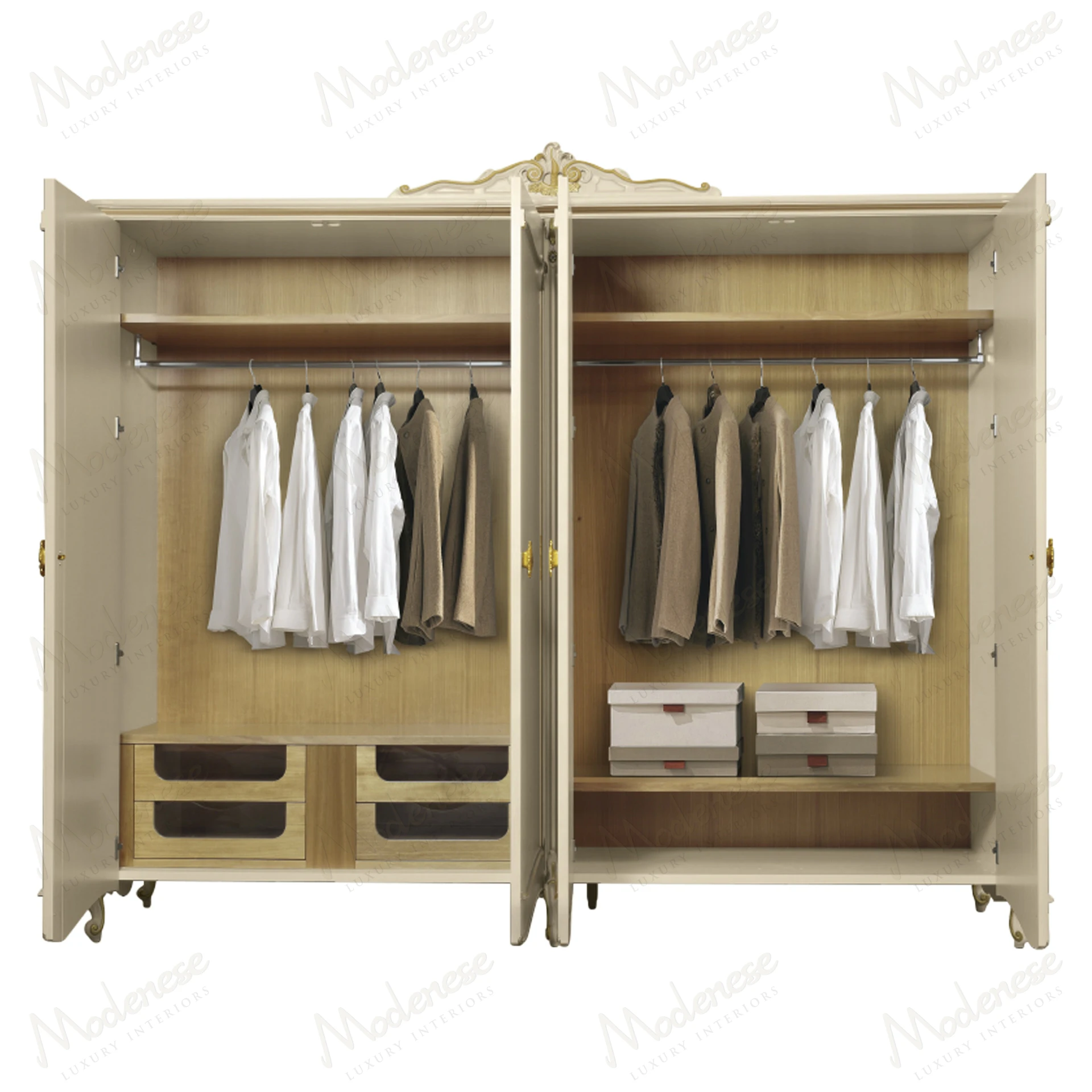 Ethereal Glow Wardrobe with ivory lacquer finish, gold leaf details, elegant design, suitable for stylish interiors. Perfect blend of luxury and sophistication