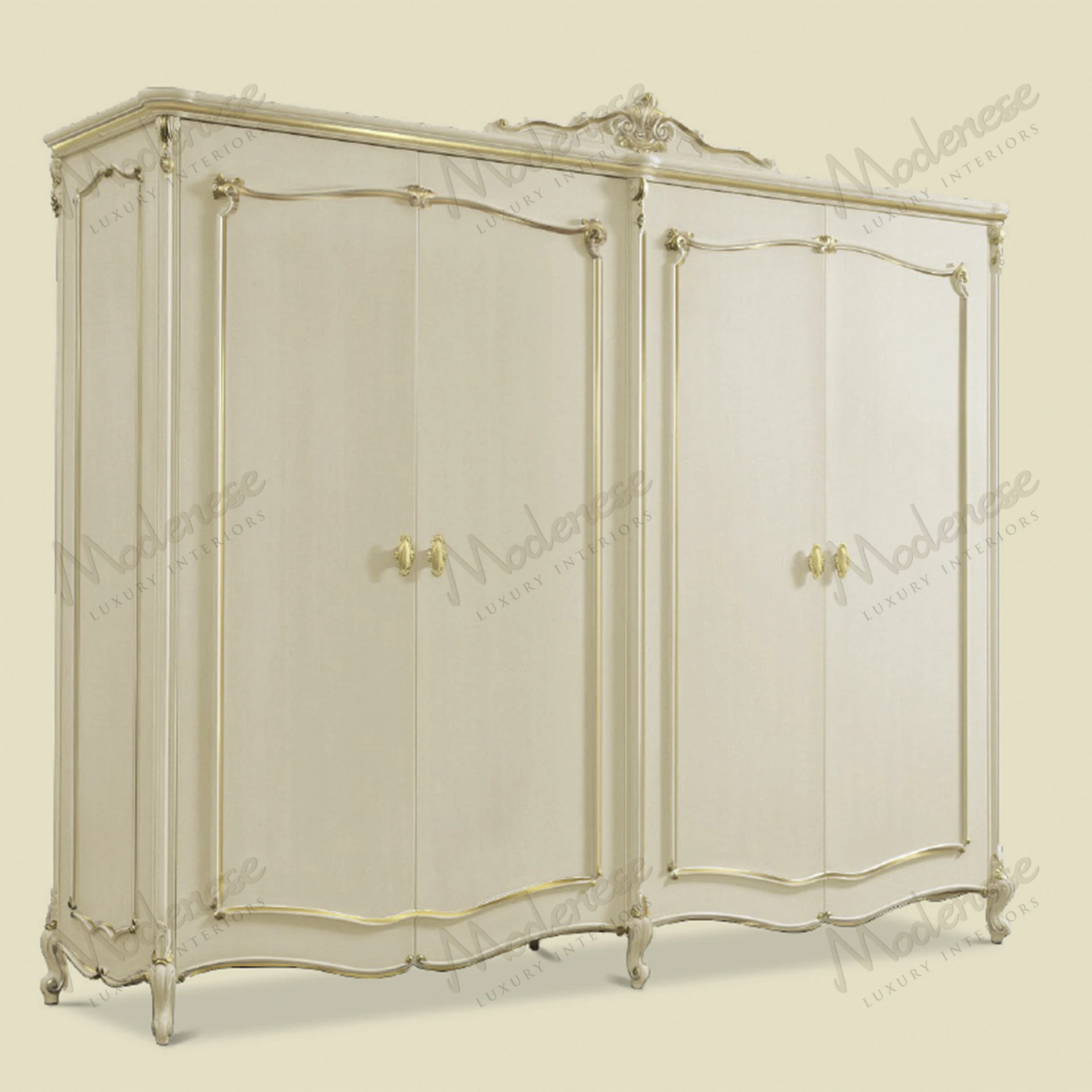 Ethereal Glow Wardrobe: Wooden structure, ivory lacquered finish, gold leaf details, sleek design. Luxurious and elegant, perfect for contemporary settings