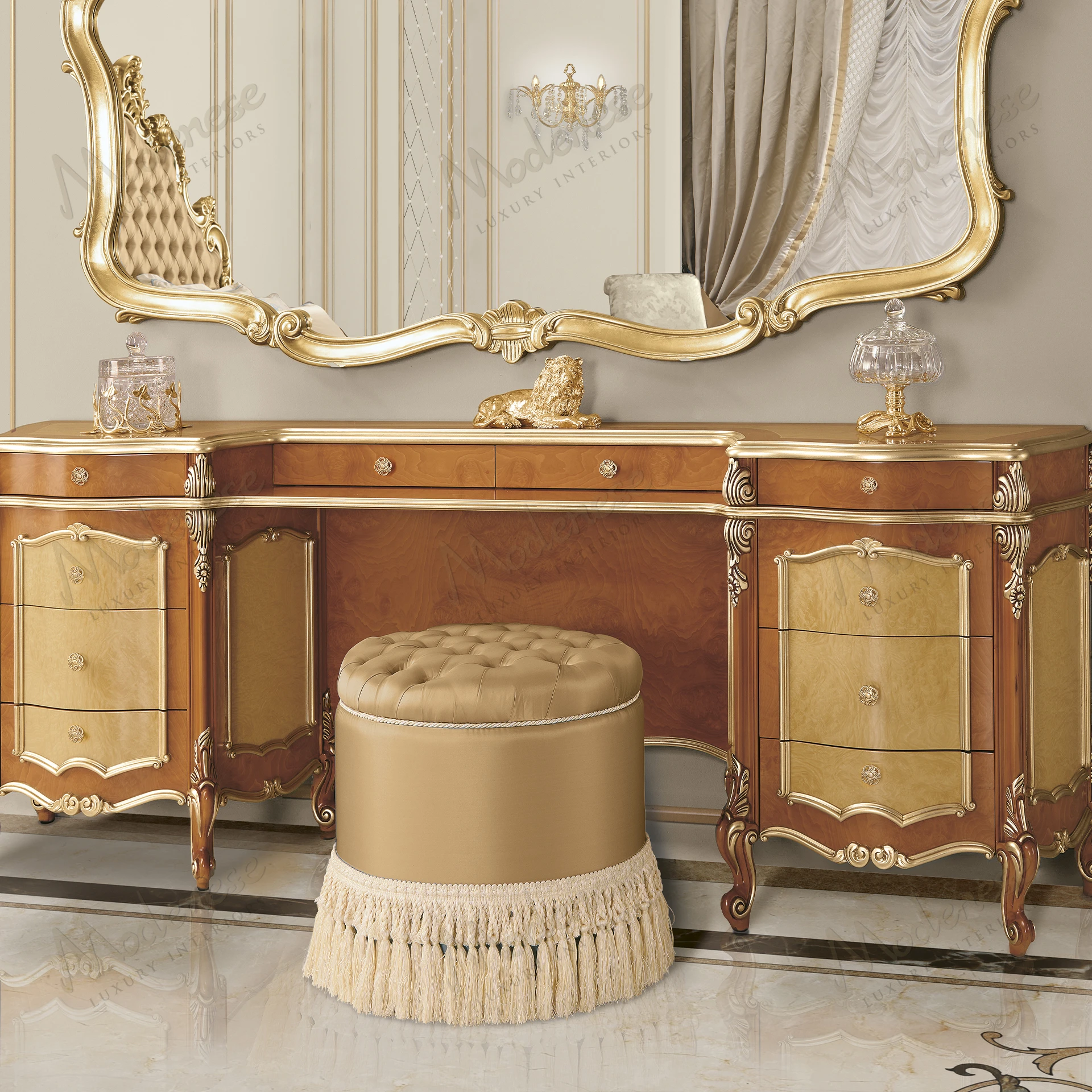 A round, elegant Royal Blend Pouf with a standard finish, featuring a sophisticated design perfect for stylish seating or decor