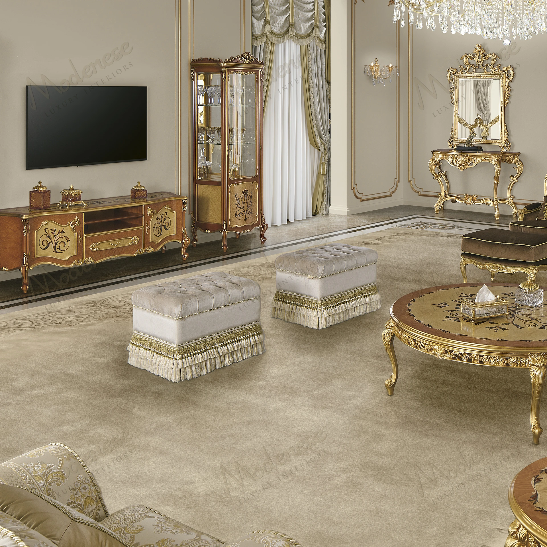 White velvet pouf with capitonné buttons, gold trim, and white fringes. Rectangular shape, cozy texture, luxurious design