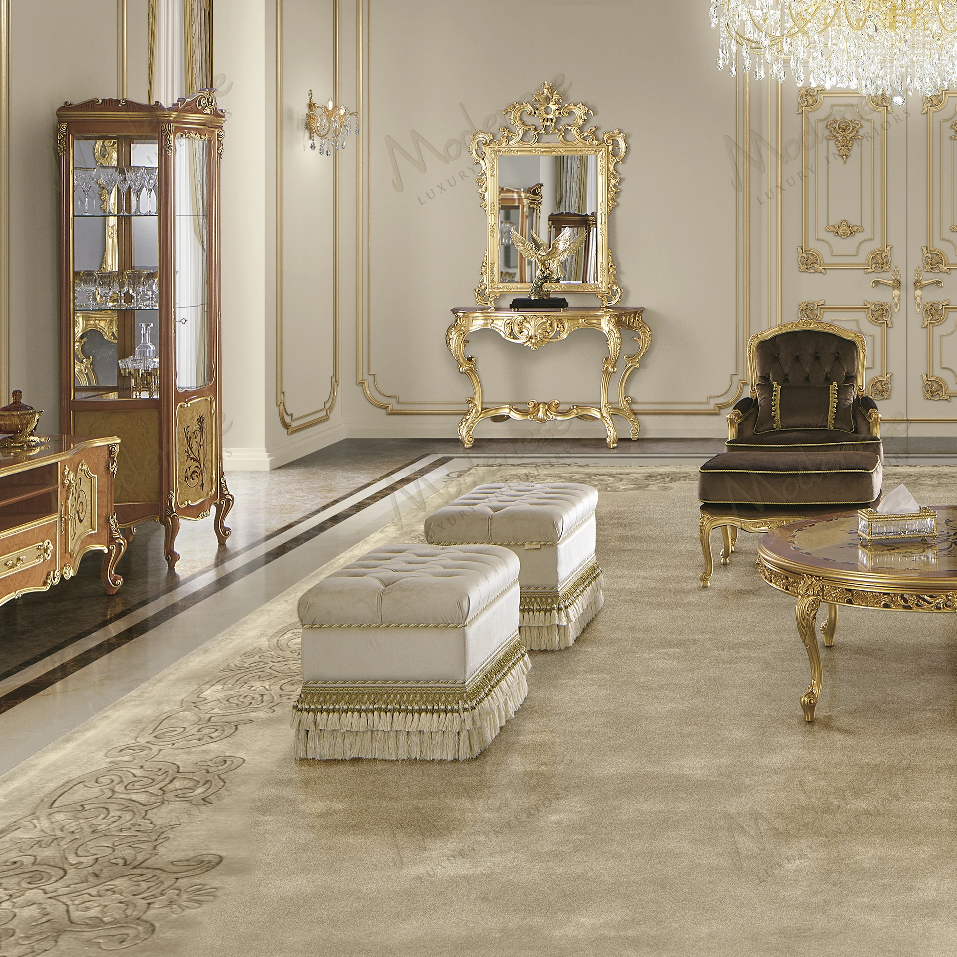 A rectangular pouf with a wood frame and fabric cover in standard tones, featuring a sleek design