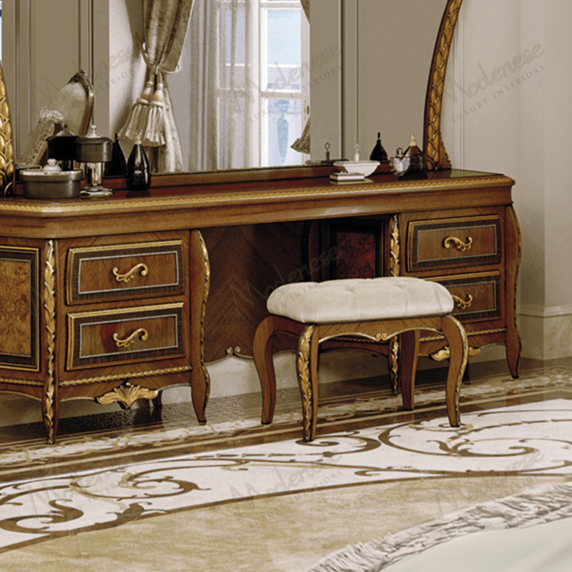 Heritage Harmony Pouf with classic walnut finish and antiqued gold leaf details, showcasing an elegant style..